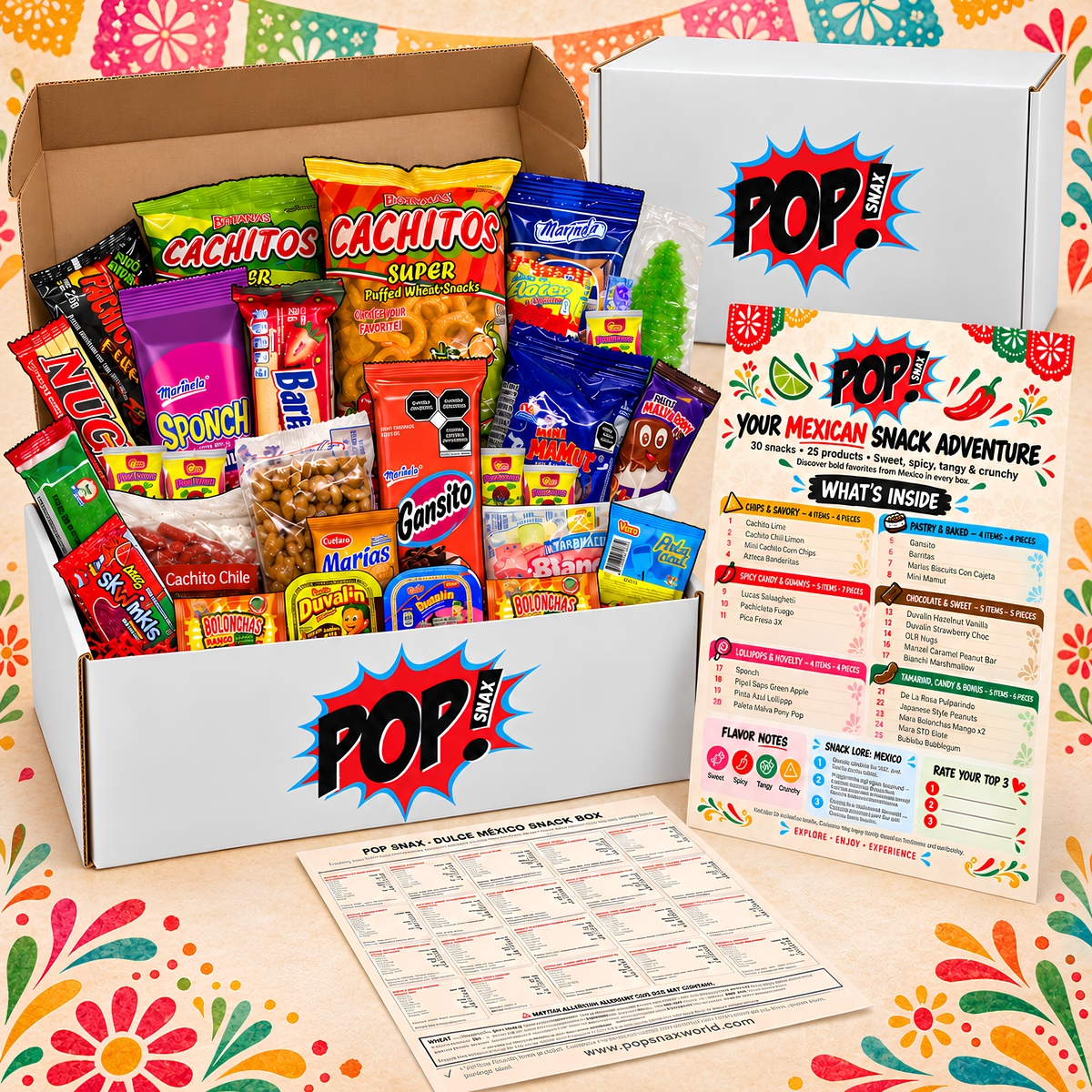 All 30 authentic Mexican candy and snack items from Pop Snax Dulce México box including Sponch, chamoy strips, lollipops and puffed wheat chips with insert example
