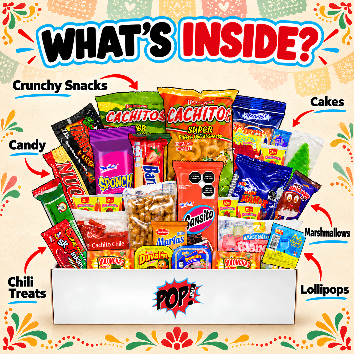 Dulce Méxicano  gift box filled with assorted Mexican snacks, chips, candies, lollipops, and cakes, with the text 'WHAT'S INSIDE?' and labels pointing to different categories on a decorative cream background.