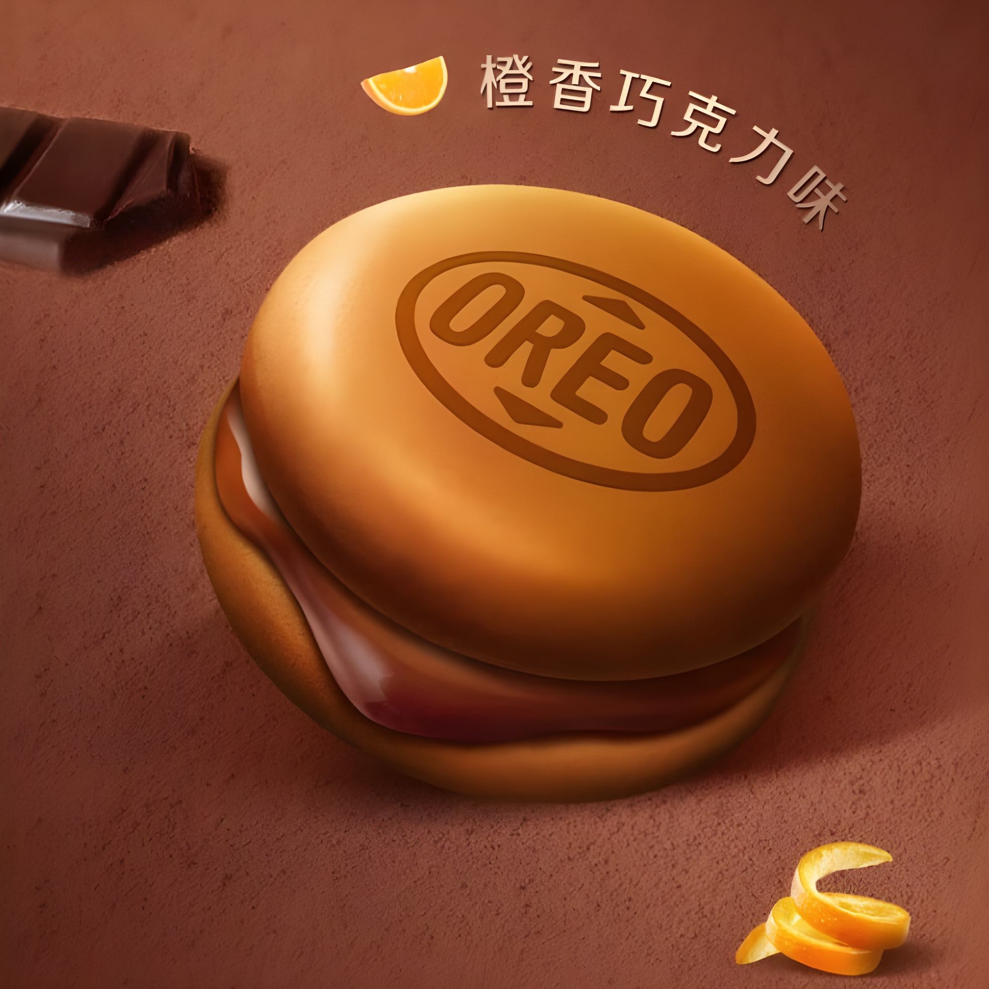 An Oreo cloud cake cookie from Taiwan creamy filling, surrounded by orange and chocolate pieces. Chinese text and an orange slice are above.