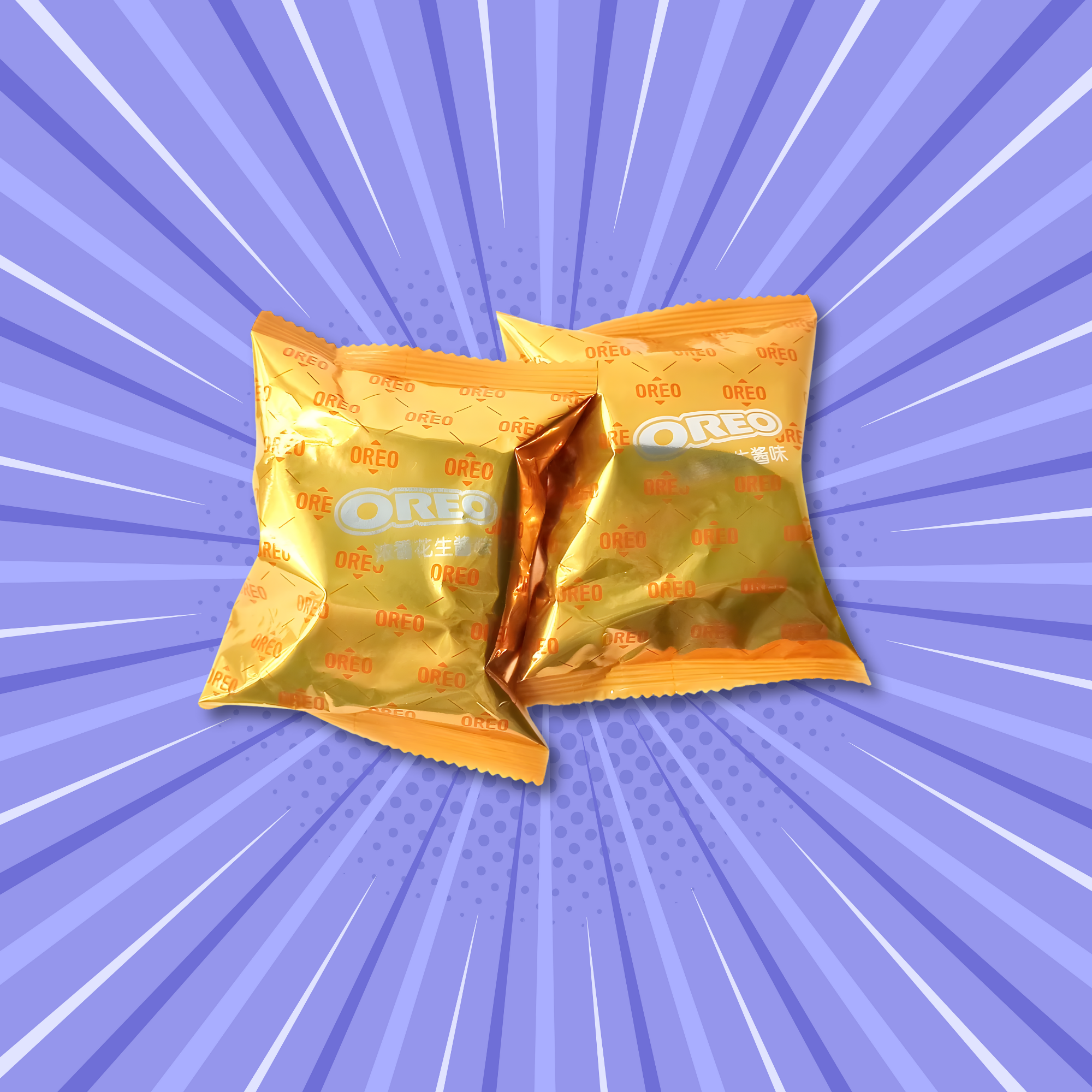 Two golden Oreo Cloud cake packs from Taiwan set against a vibrant purple burst background. Buy imported Asian oreos online.