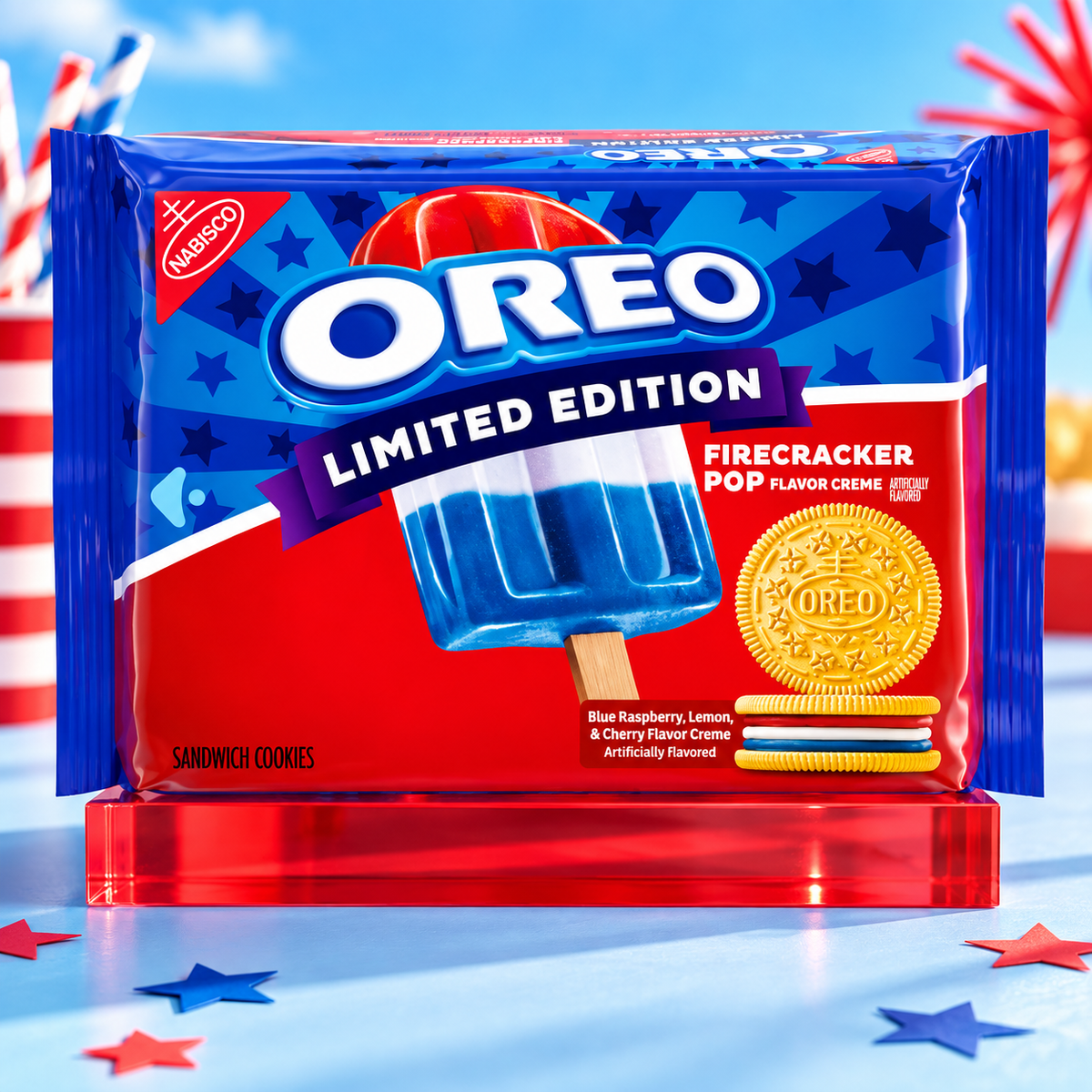 OREO Firecracker Pop limited edition package on a red riser against a blue summer backdrop