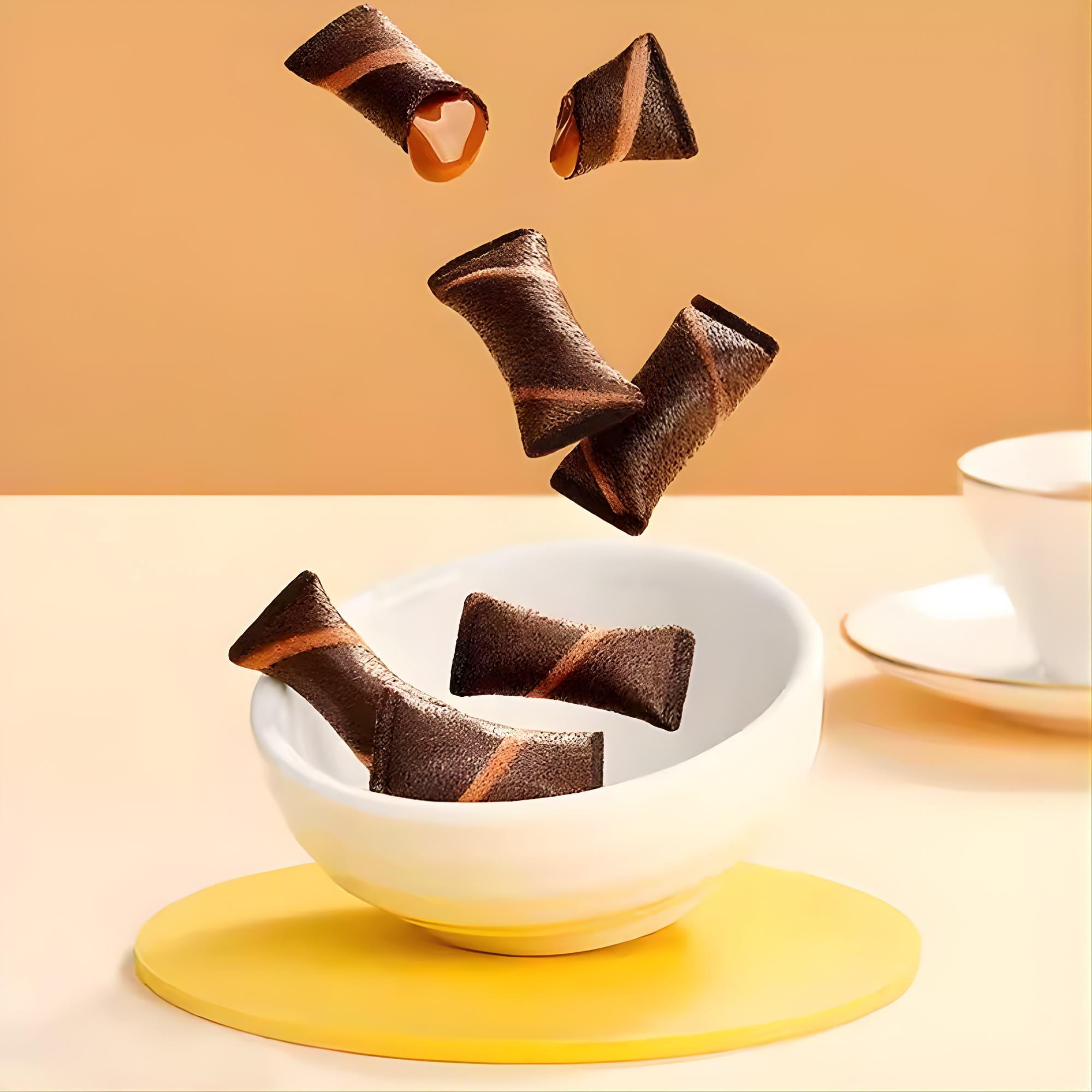 Floating Oreo Wafer Bites from Taiwan cascade into a white bowl, set on a yellow mat. A cup with a saucer sits in the background, creating a playful yet elegant tone. Shop Asian oreos online, now.