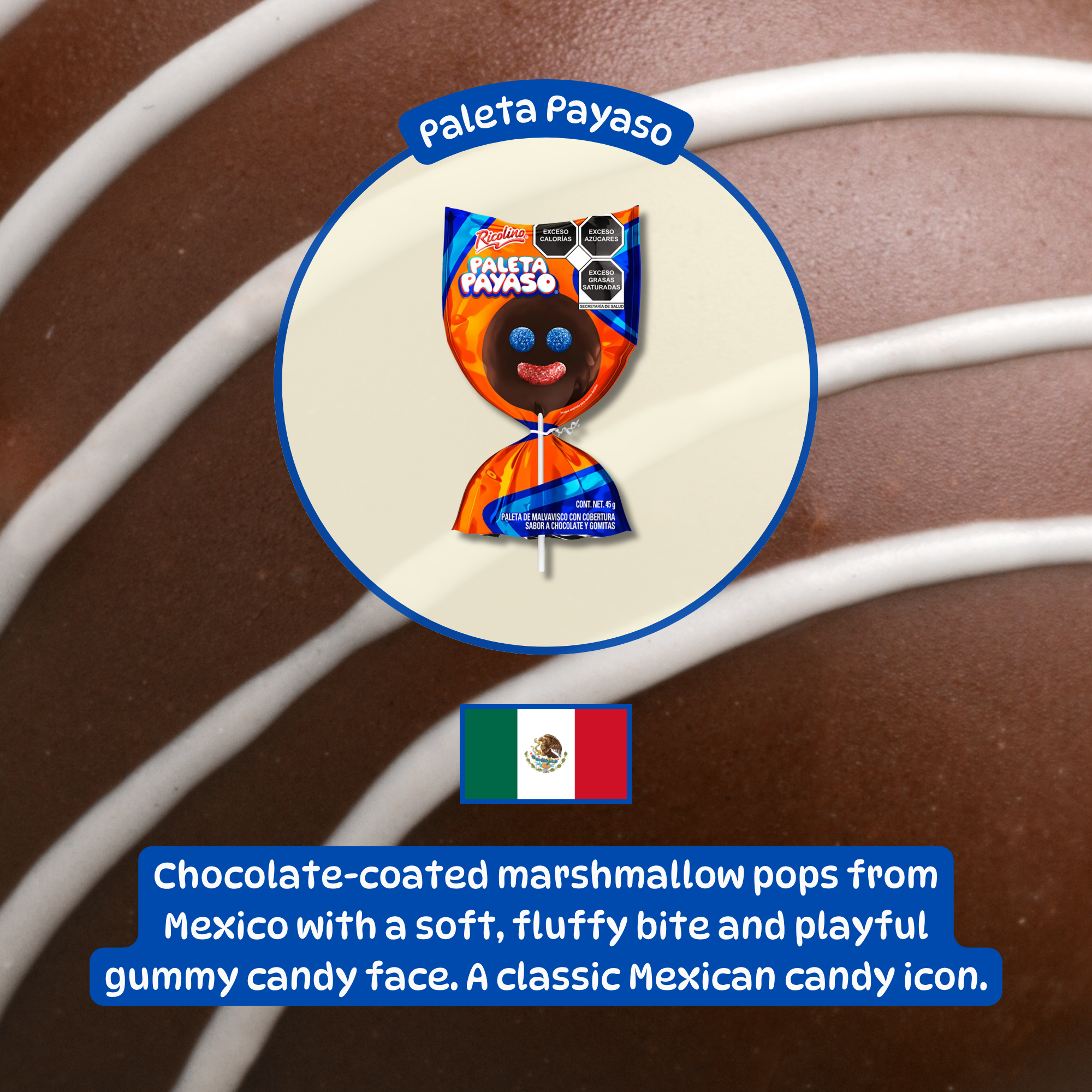 Paleta Payaso Mexican Lollipop candy wrapped in bright orange and blue packaging with a clown face, featuring blue eyes and a red mouth. Mexican candy available to buy online.