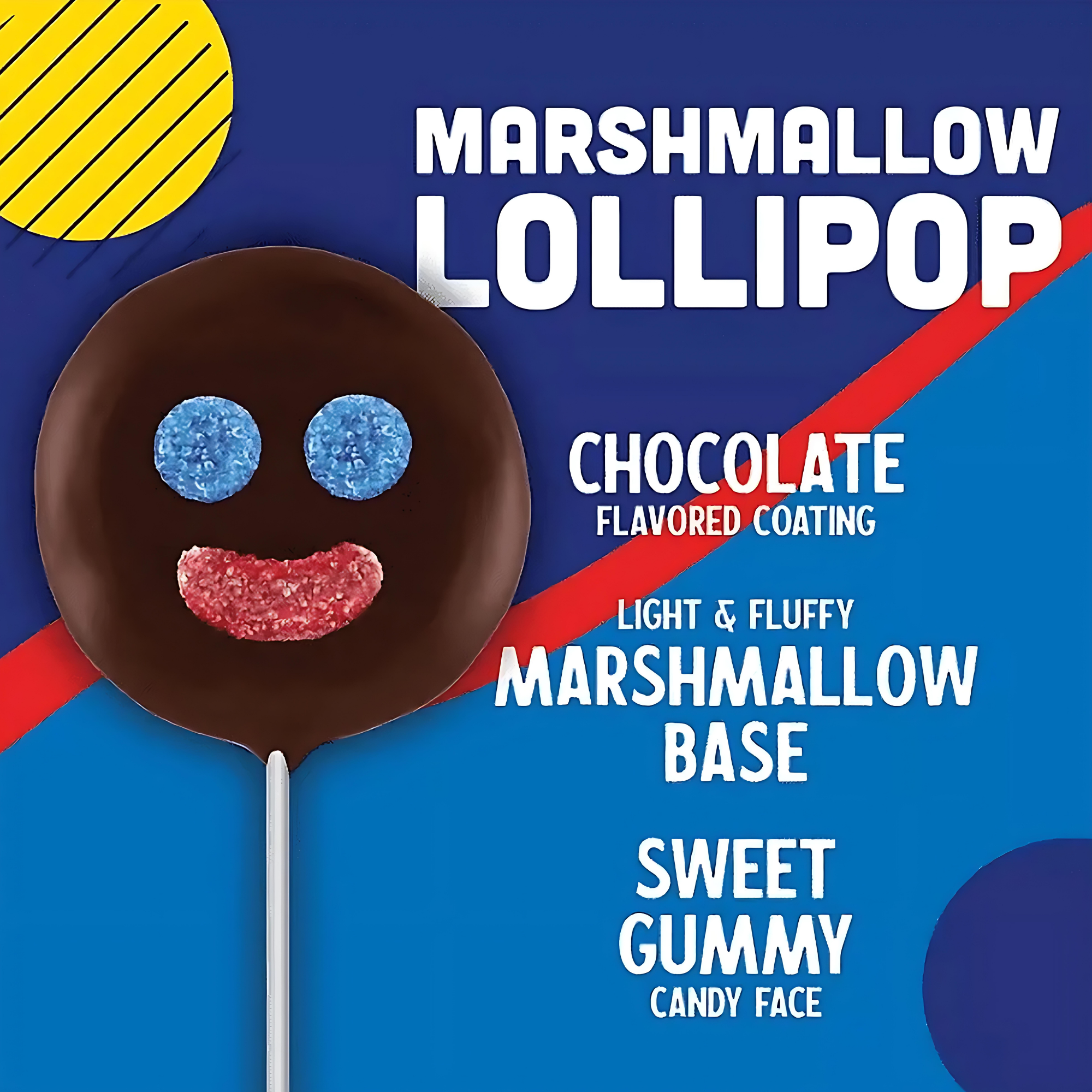 Paleta Payaso Mexican marshmallow lollipop with chocolate coating and a smiling gummy face on a vibrant blue background. Text highlights its delicious features.