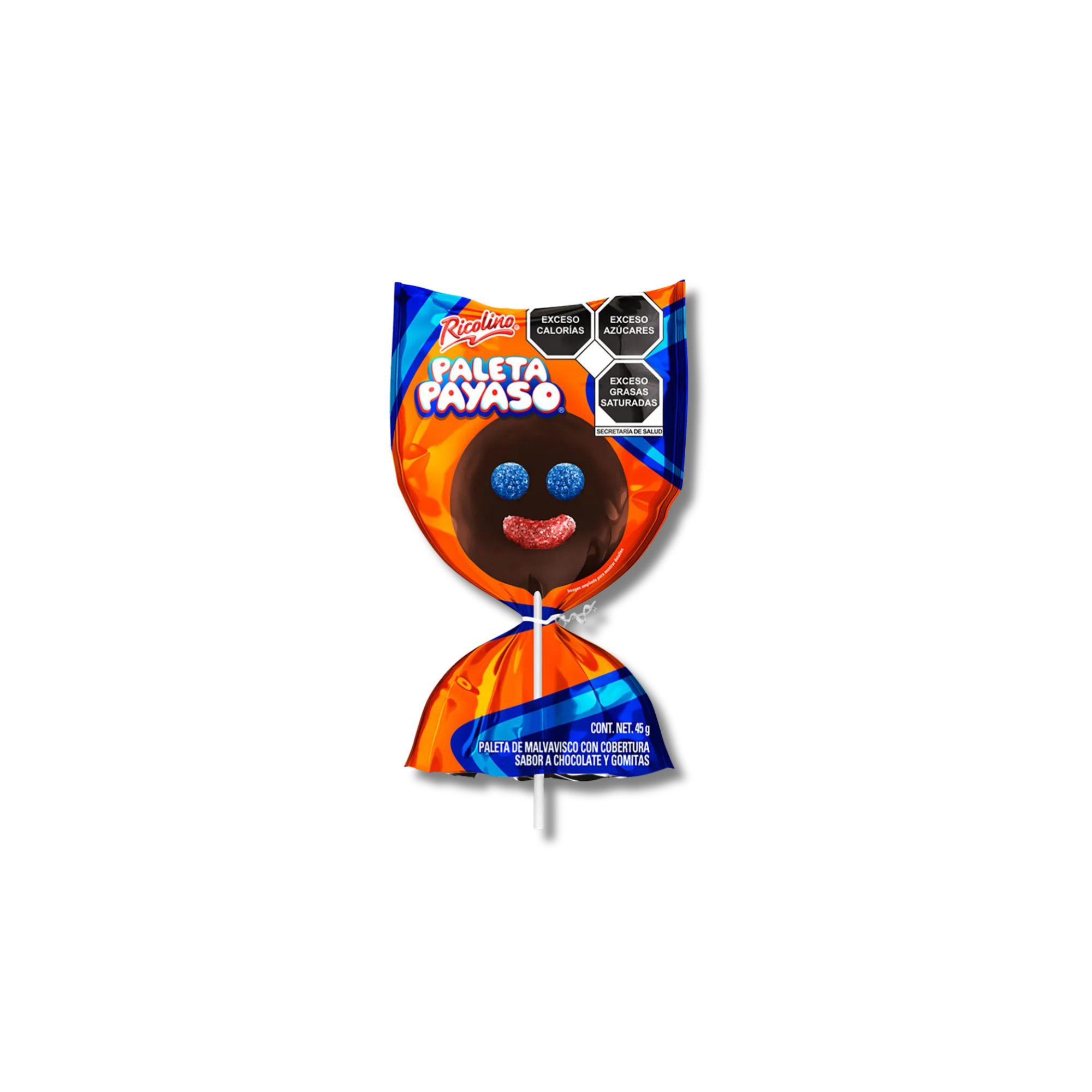 Paleta Payaso Mexican Lollipop candy wrapped in bright orange and blue packaging with a clown face, featuring blue eyes and a red mouth on a white background. Mexican candy available to buy online.