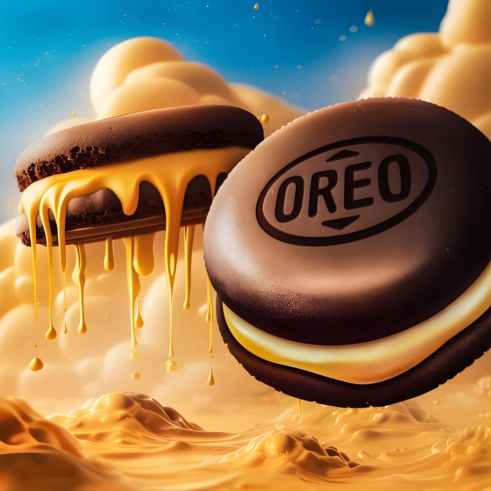 Two Oreo chocolate cloud cake cookies with creamy peanut butter filling floating against a cloudy sky.