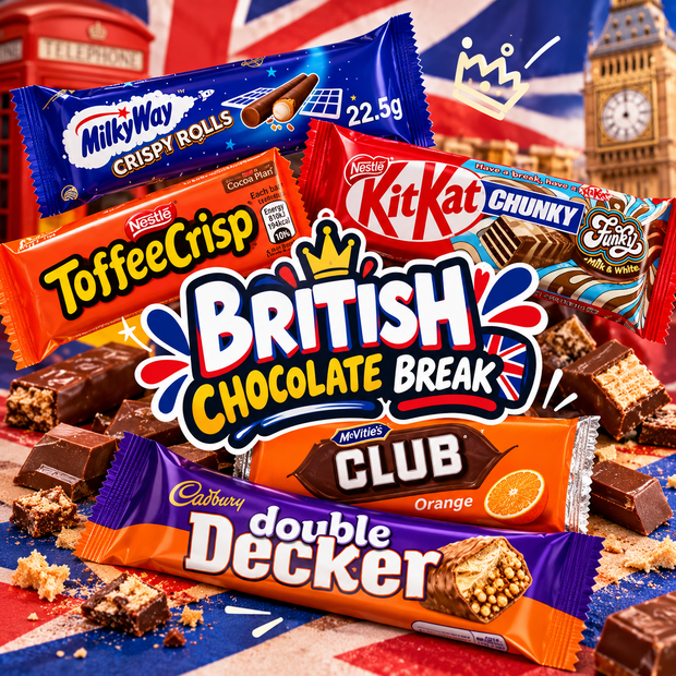 British Chocolate Break featuring Milky Way Crispy Rolls, Toffee Crisp, Club Orange, KitKat Chunky Funky and Cadbury Double Decker
