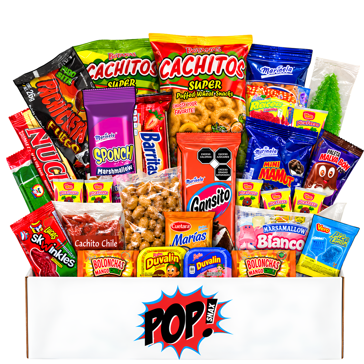 Pop Snax Dulce México Mexican candy and snack gift box with 30 authentic pieces including chamoy candy, chili limon chips and tamarind treats against a white background.