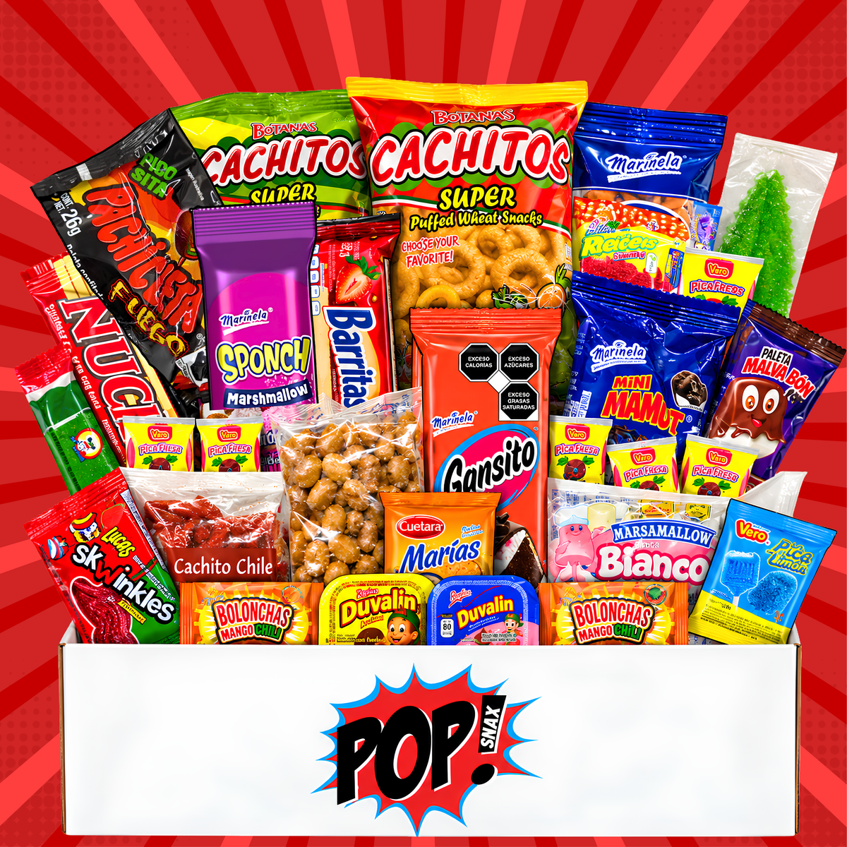 Pop Snax Dulce México Mexican candy and snack gift box with 30 authentic pieces including chamoy candy, chili limon chips and tamarind treats against red starburst background