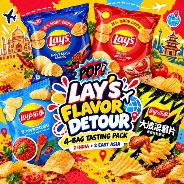 Pop Snax Lay’s Flavor Detour 4-bag tasting pack: two Indian and two East Asian chip flavors