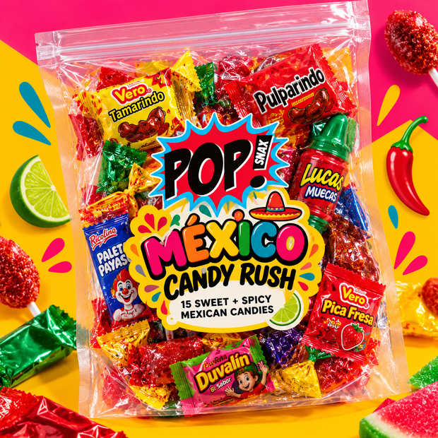 México Candy Rush checkout pack with 15 assorted wrapped Mexican candies