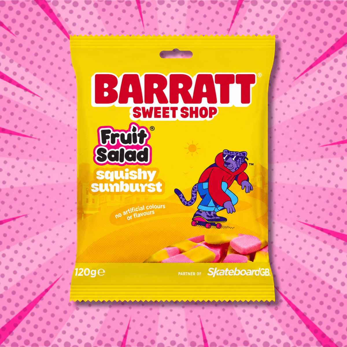 Yellow Barratt Fruit Salad Squishy Sunbursts bag on a pink starburst background.