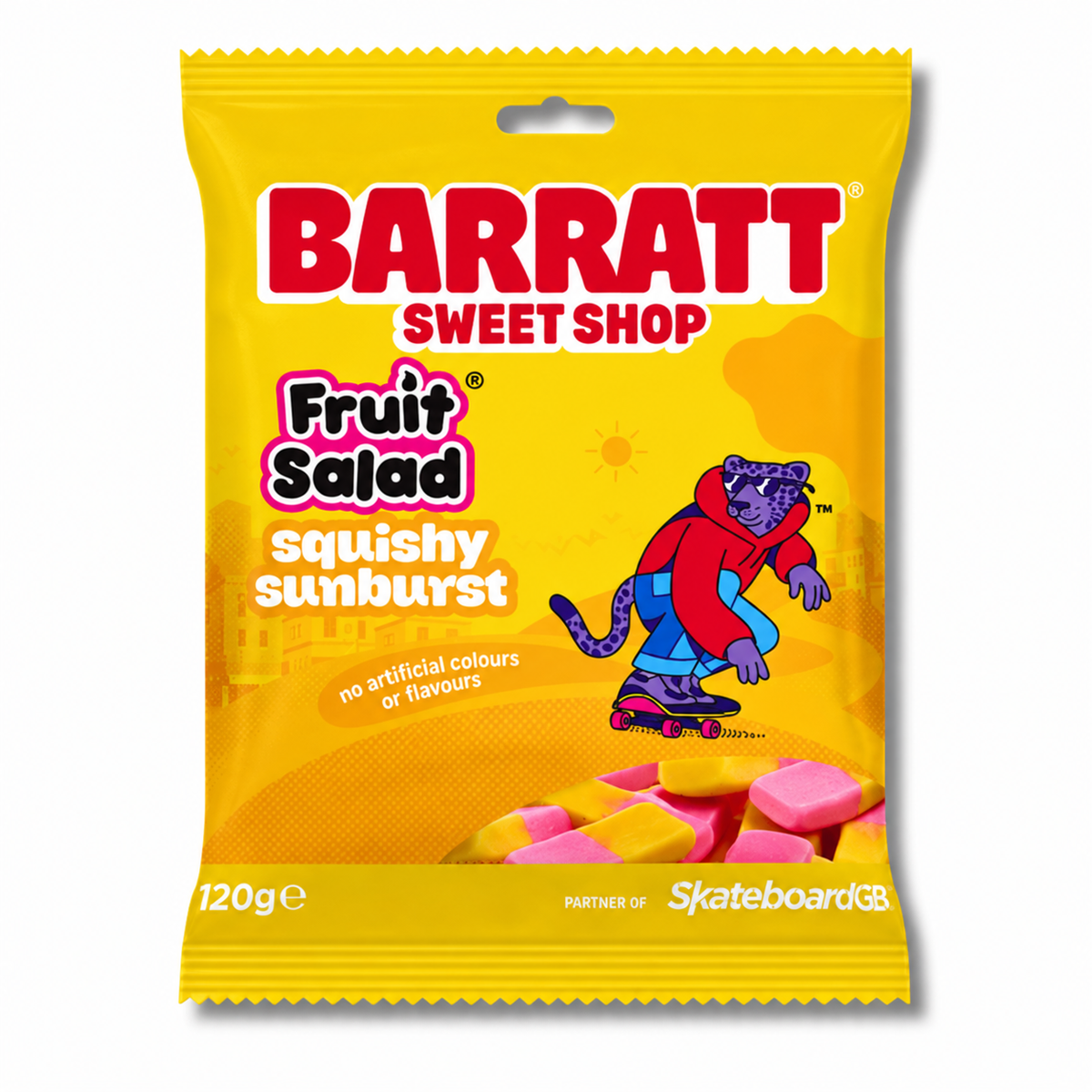 Yellow Barratt Fruit Salad Squishy Sunburst bag on a white background