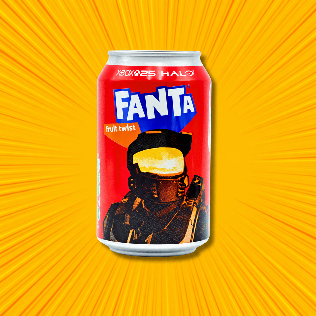Red Fanta Fruit Twist can with Halo artwork on an orange starburst background.