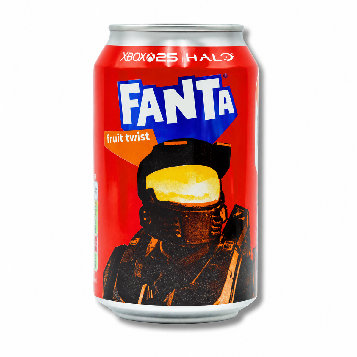 Red Fanta Fruit Twist can with Halo artwork on a white background
