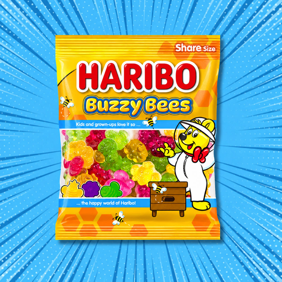 Haribo Buzzy Bees candy bag on a starburst background