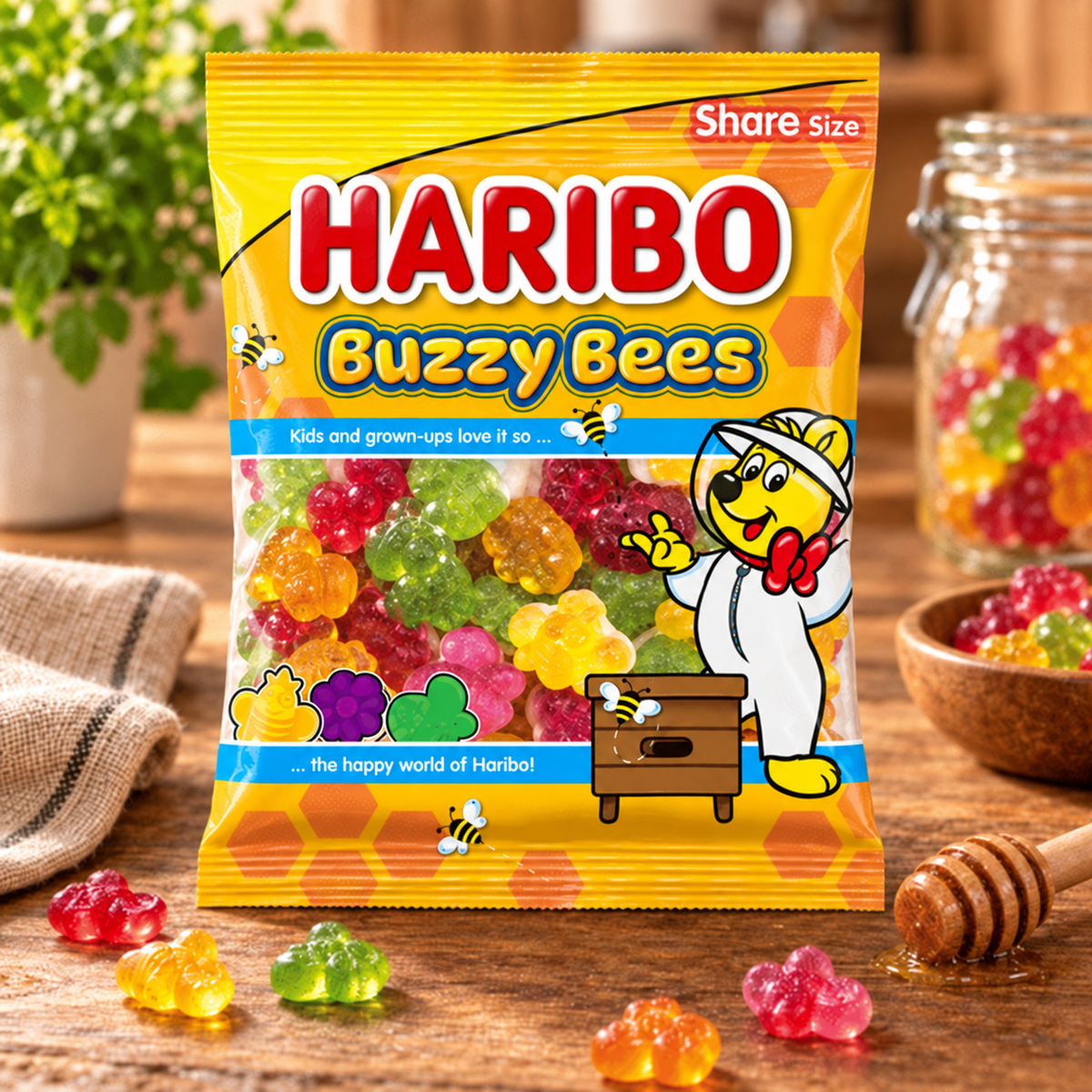 Haribo Buzzy Bees bag in a staged candy scene