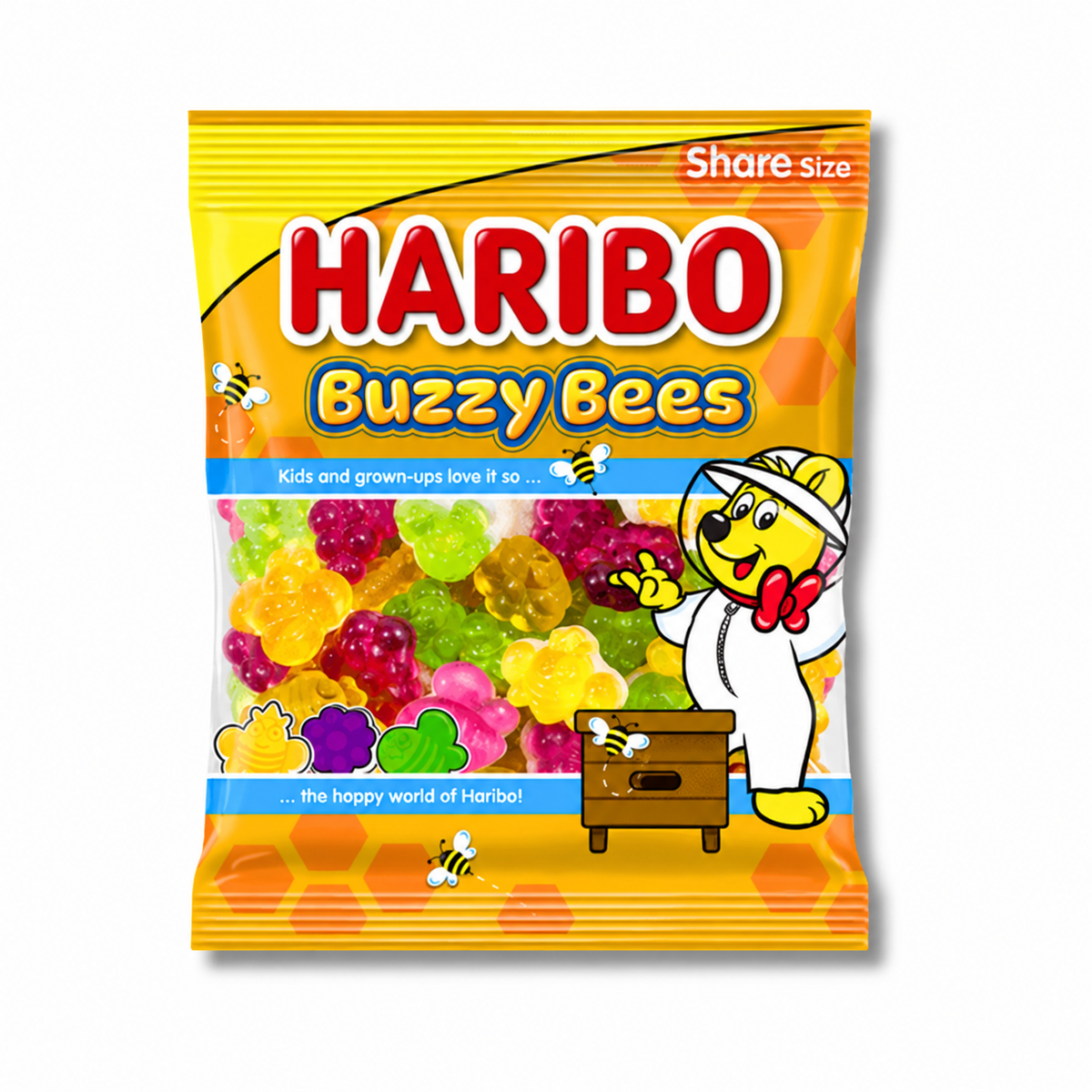 Haribo Buzzy Bees candy bag on a white background