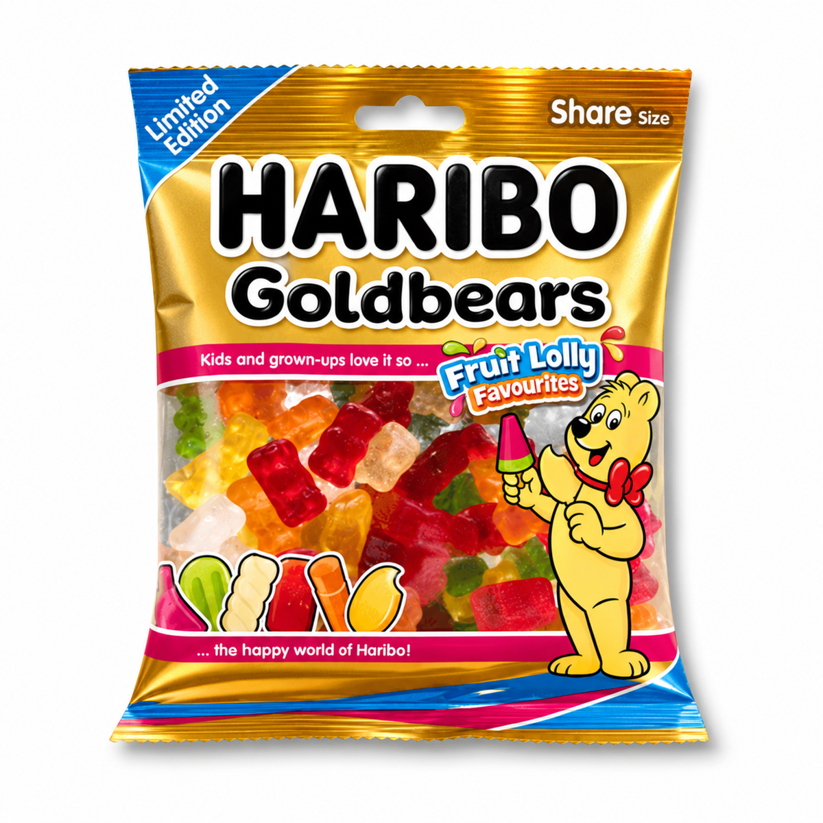 Gold Haribo Goldbears Fruit Lolly Favourites limited edition bag on a white background