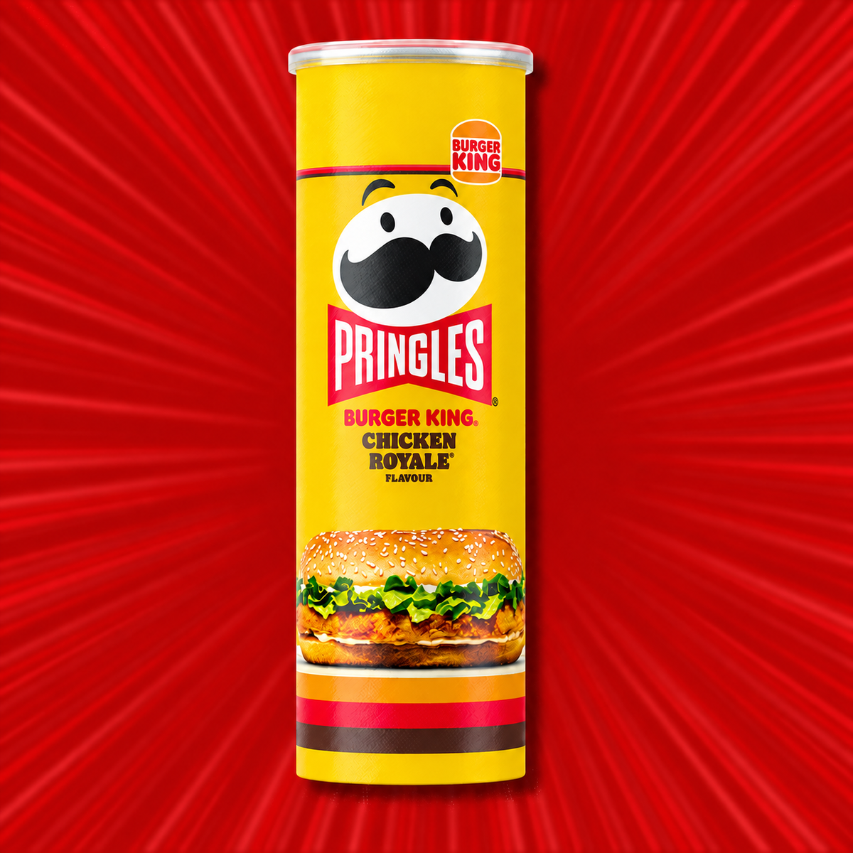 Pringles Burger King Chicken Royale tube on a red starburst background