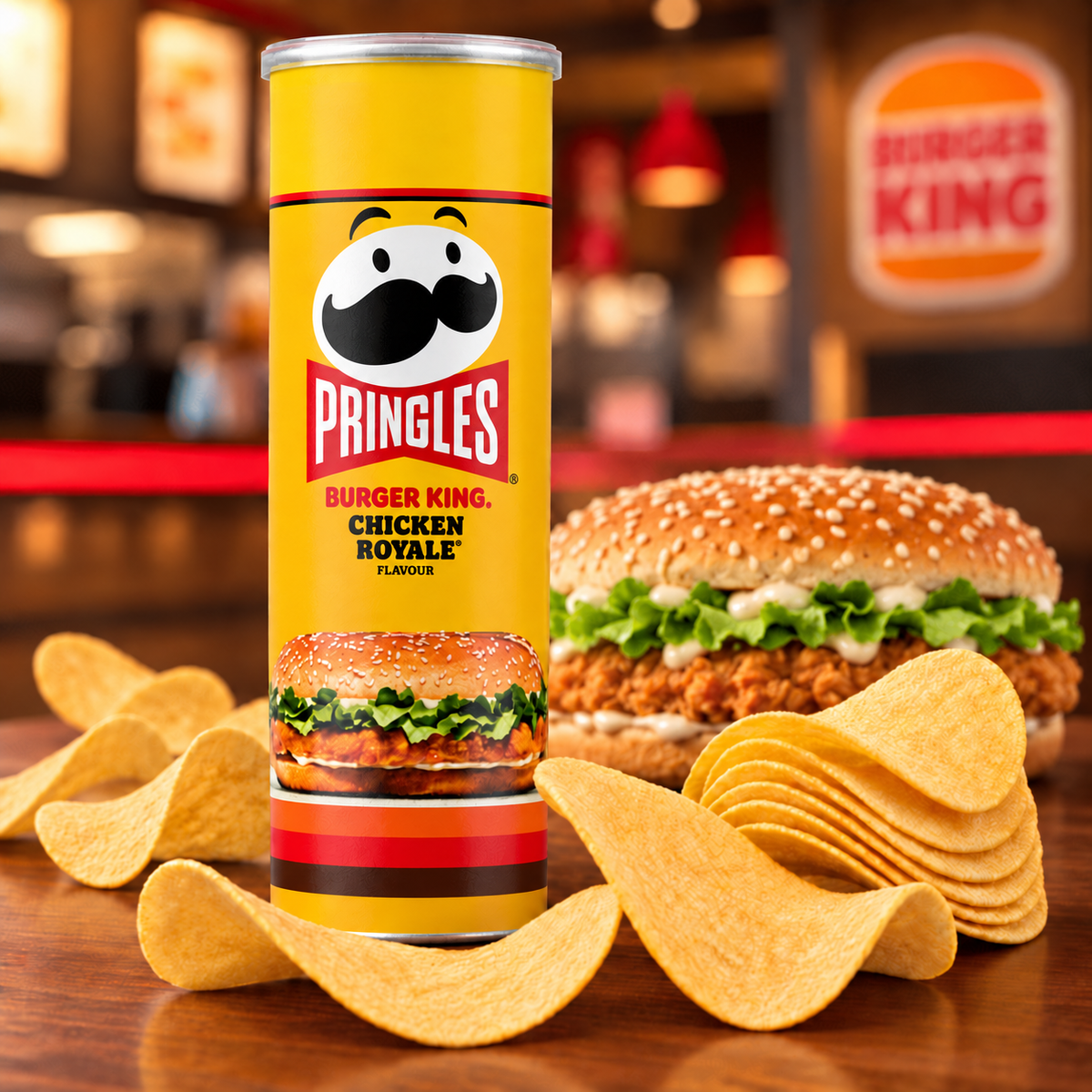 Pringles Burger King Chicken Royale tube beside stacked crisps and a staged chicken sandwich