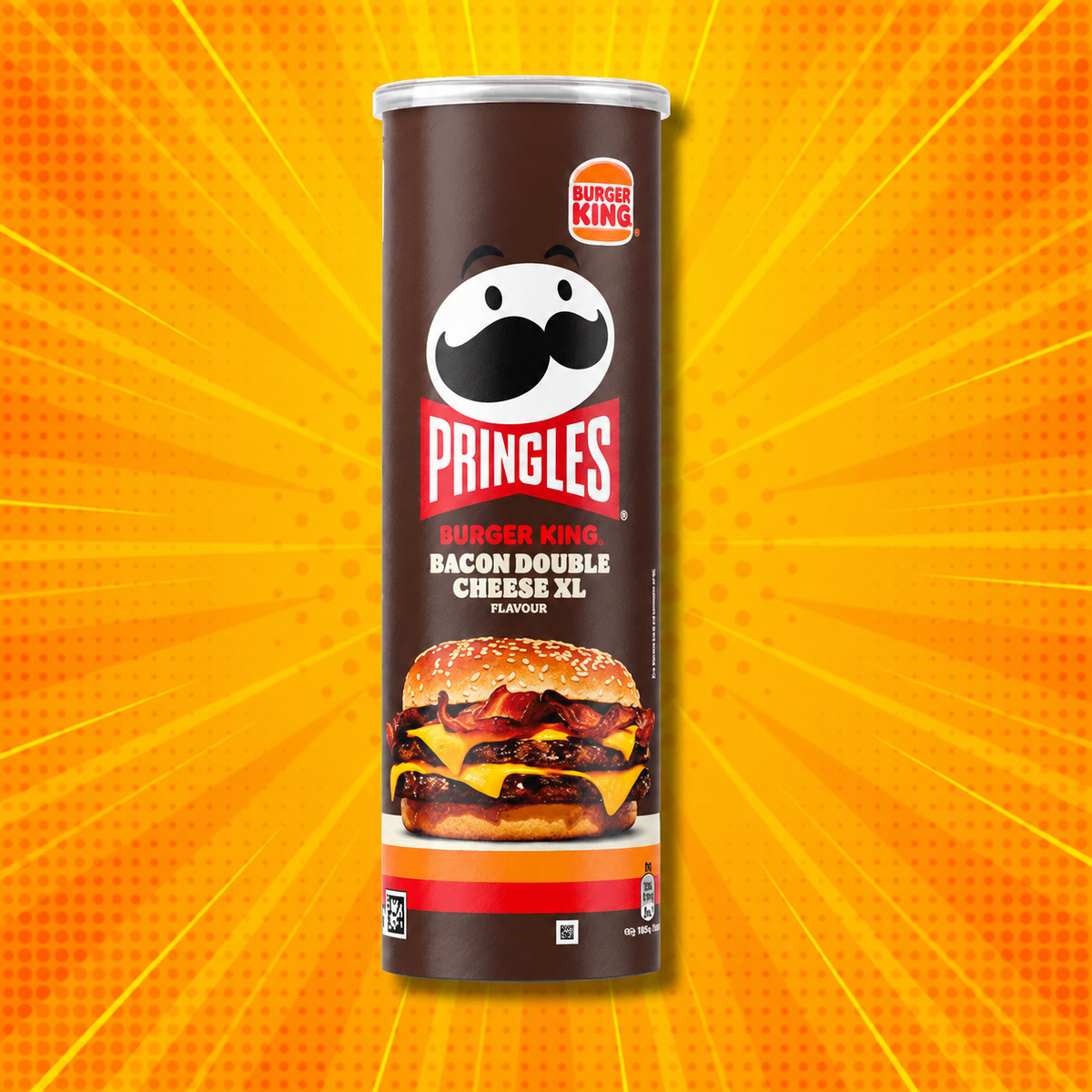 Pringles Burger King Bacon Double Cheese XL tube on an orange starburst background