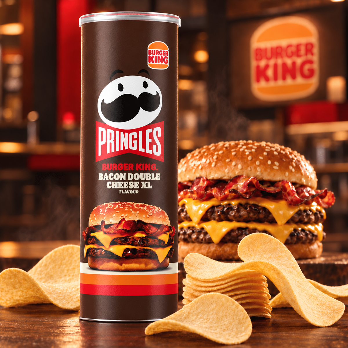 Pringles Burger King Bacon Double Cheese XL tube beside crisps and a staged burger