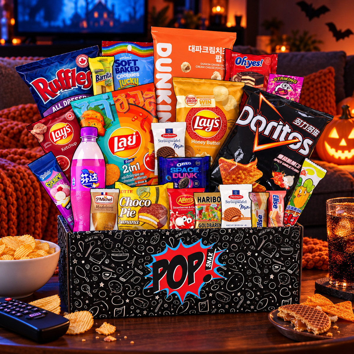 Pop Snax international snack box on a coffee table with cozy Halloween movie-night decorations.