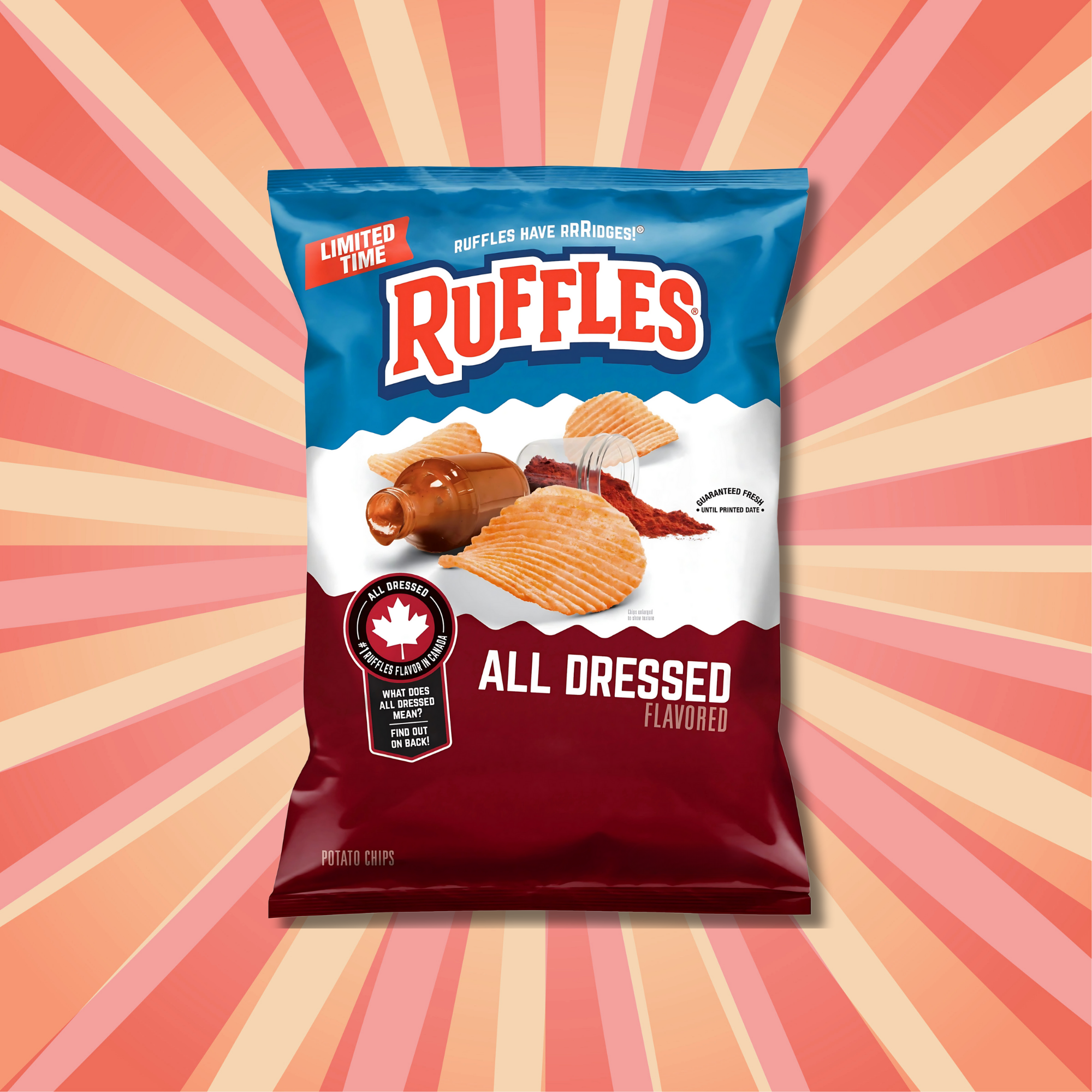Front of Ruffles All Dressed potato chips bag with Canadian flavor symbols on red burst background.