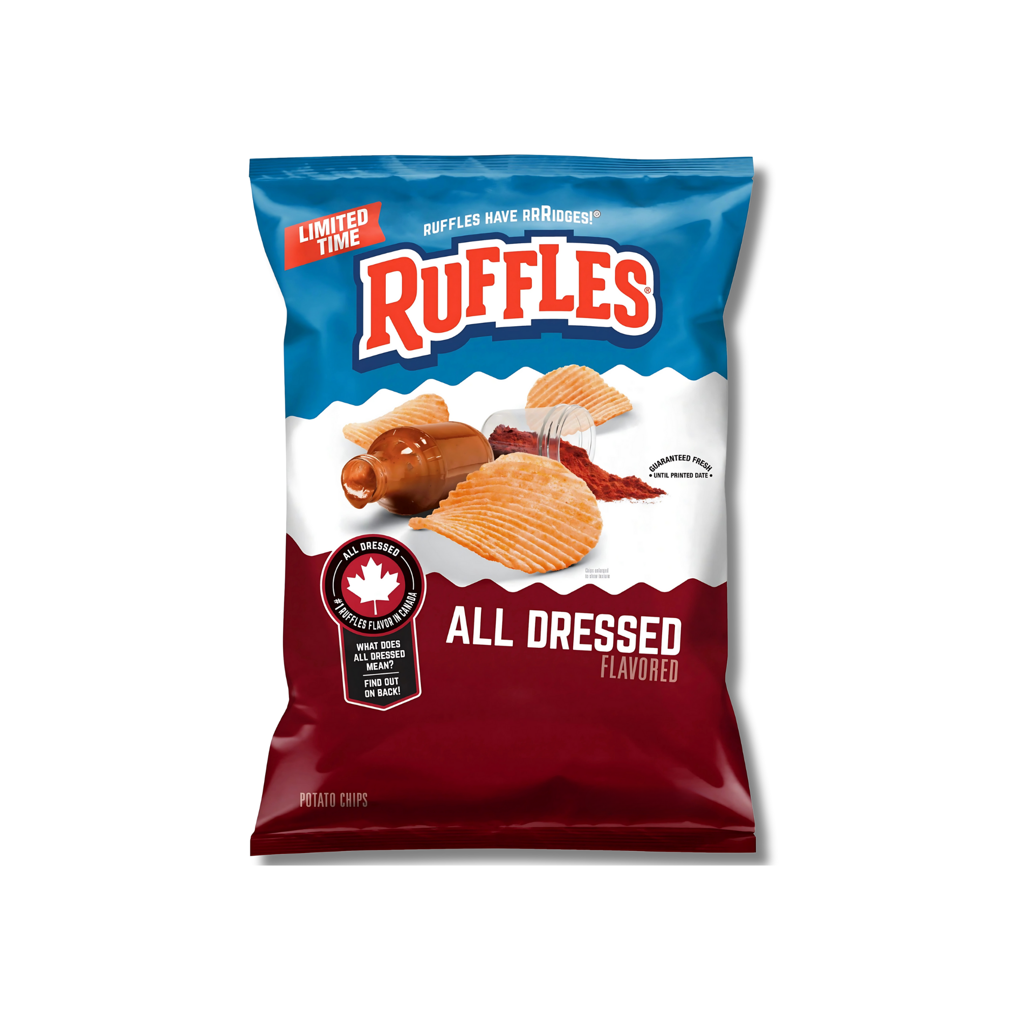 Ruffles All Dressed chips bag with ridged chips and flavor icons on a white background.