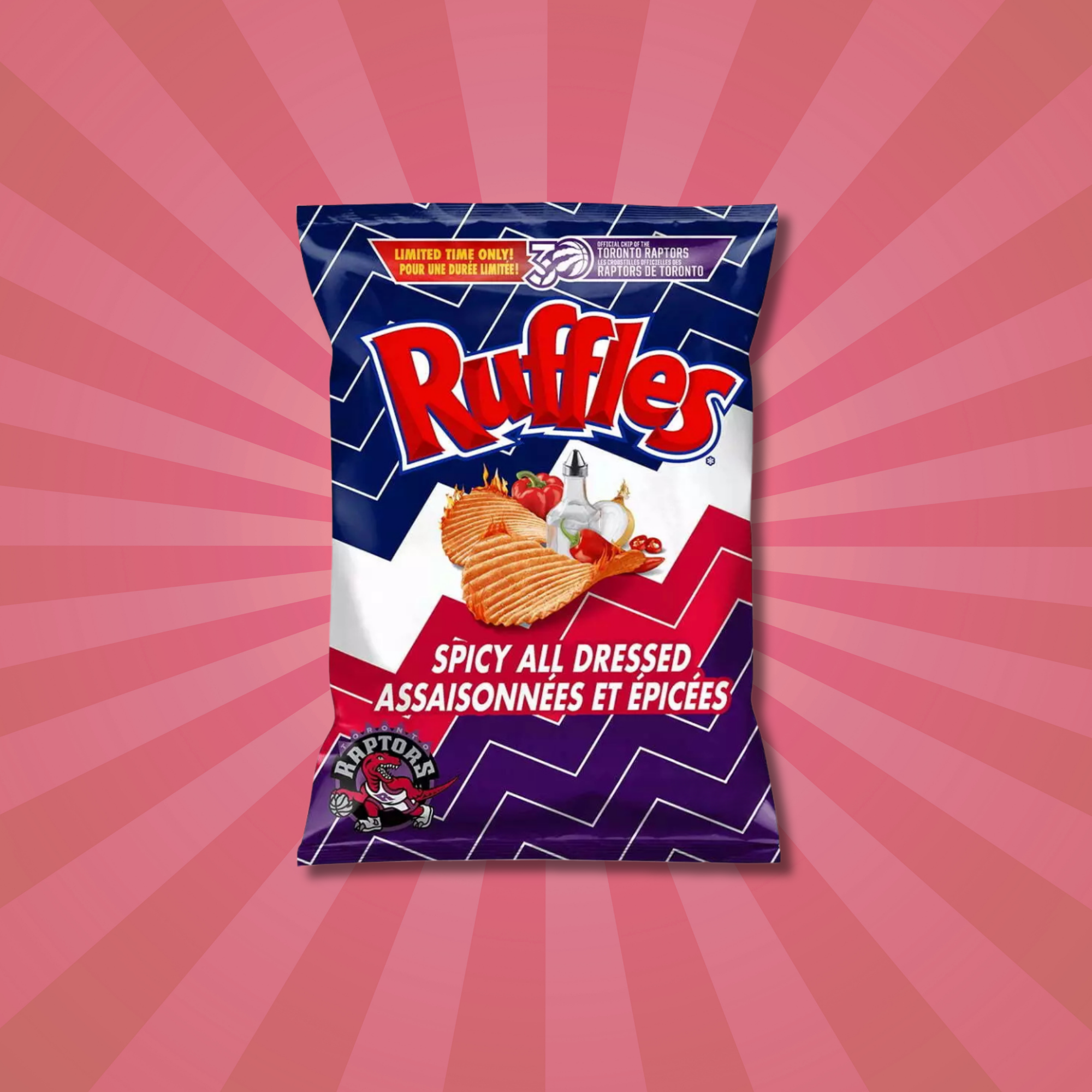 Ruffles Spicy All Dressed potato chip bag from Canada on a pink and red striped background 