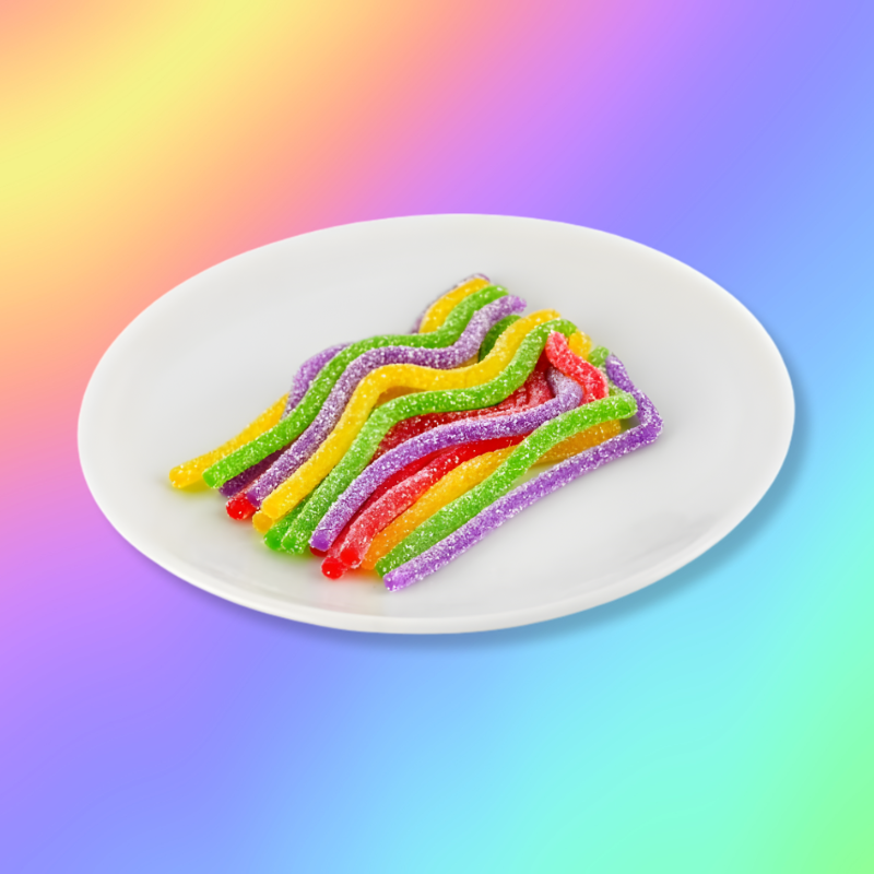 Close-up of Skittles Gummy Noodles from China showing rainbow gummy candy strands