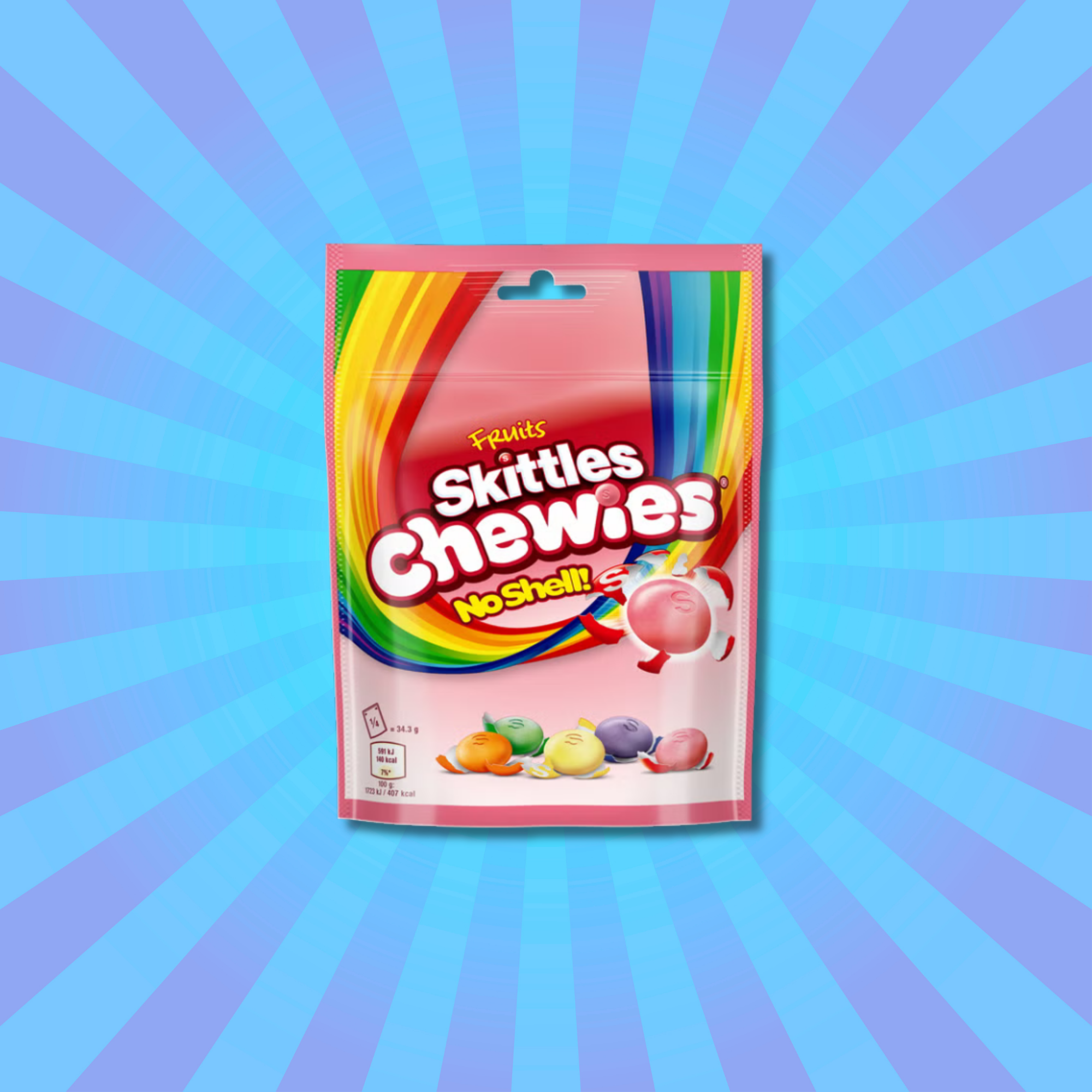This is a Skittles Chewies 'No Shell' candy bag from The UK featuring rainbow and fruit imagery, set against a vibrant blue radial burst background. Available to buy online.