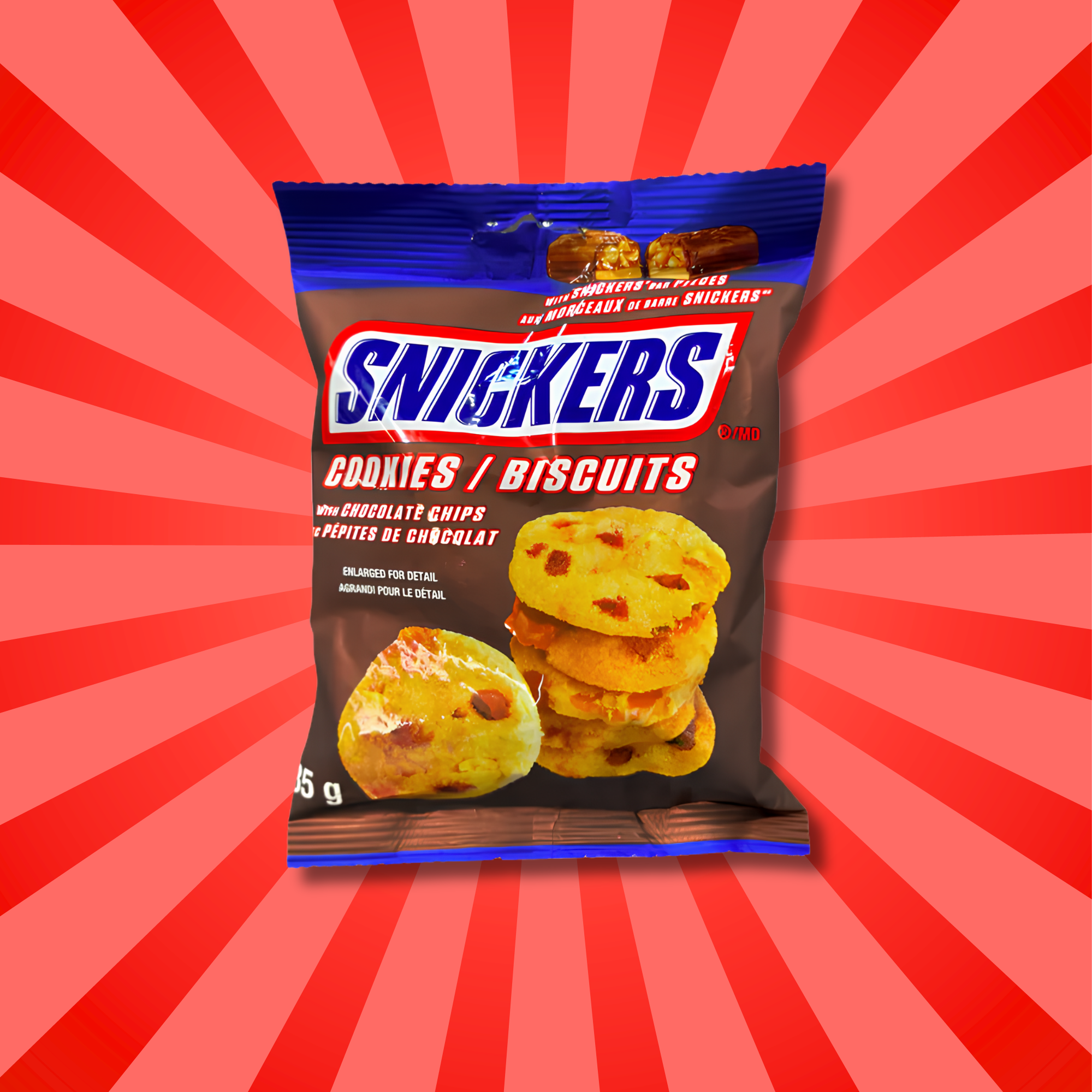 Buy Snickers cookies from Canada chocolate chip biscuits caramel chocolate snack against a red starburst background. Snickers Cookies from Canada featuring chocolate chip biscuits inspired by the classic Snickers bar with caramel and chocolate flavors.