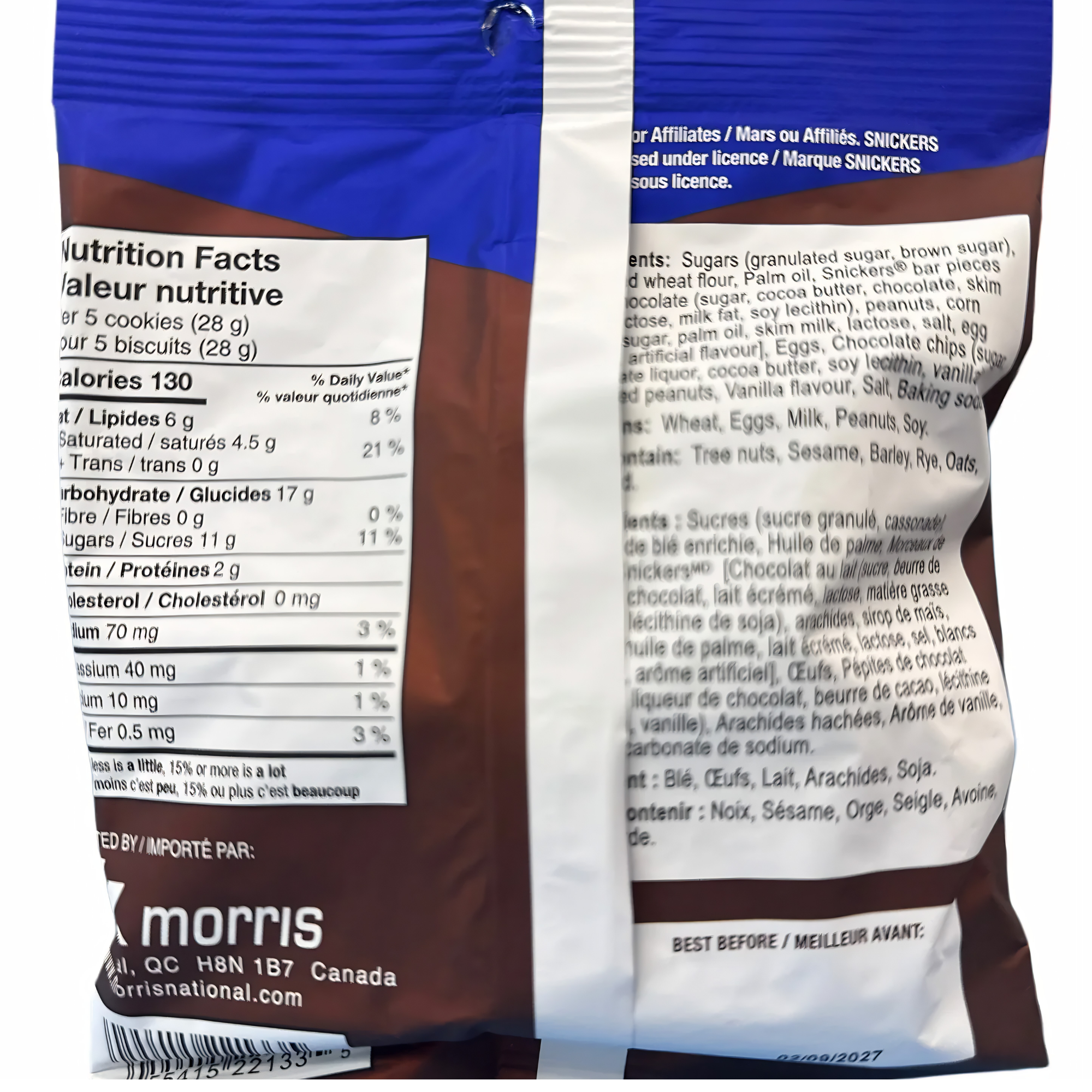 Pack of Snickers Cookies from Canada featuring the nutritional facts. Shop Canadian snacks online.