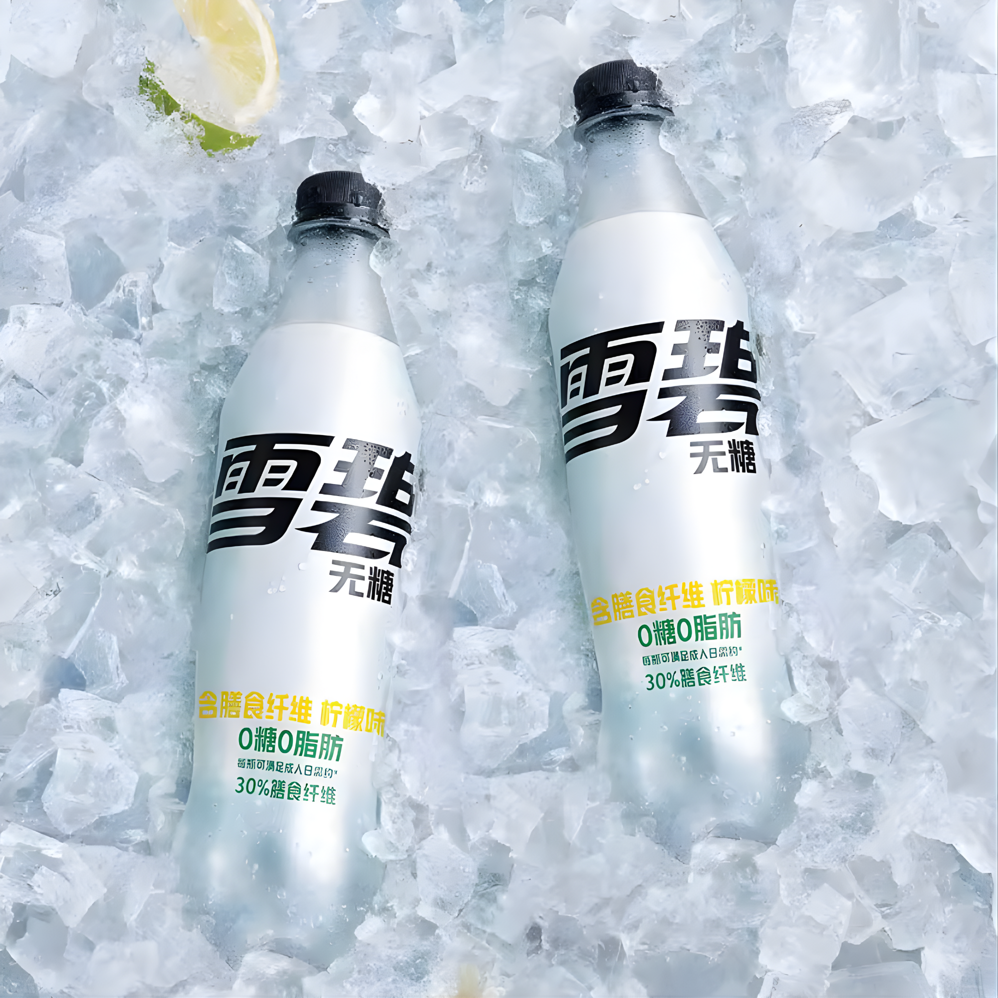 Sprite Lemon Sugar Free Fiber bottles from China chilled in ice with lemon lime garnish.