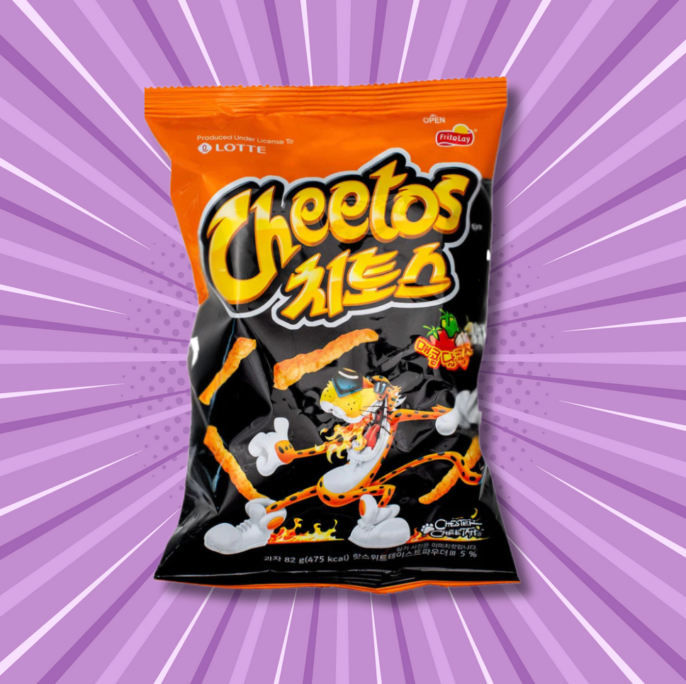 An orange and black bag of Korean Sweet and Spicy Cheetos to buy online featuring a cartoon cheetah, set against a dynamic purple burst background.