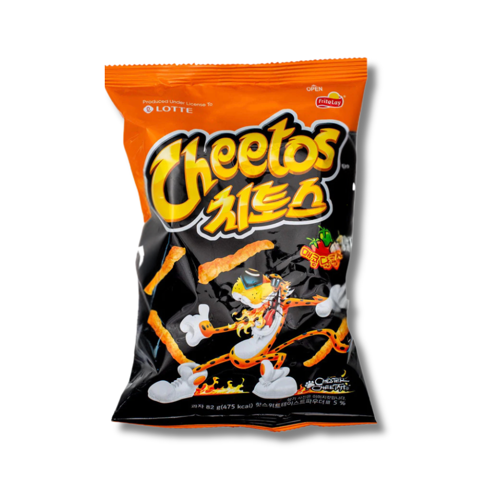 An orange and black bag of Korean Sweet and Spicy Cheetos to buy online featuring a cartoon cheetah, set against a white background.