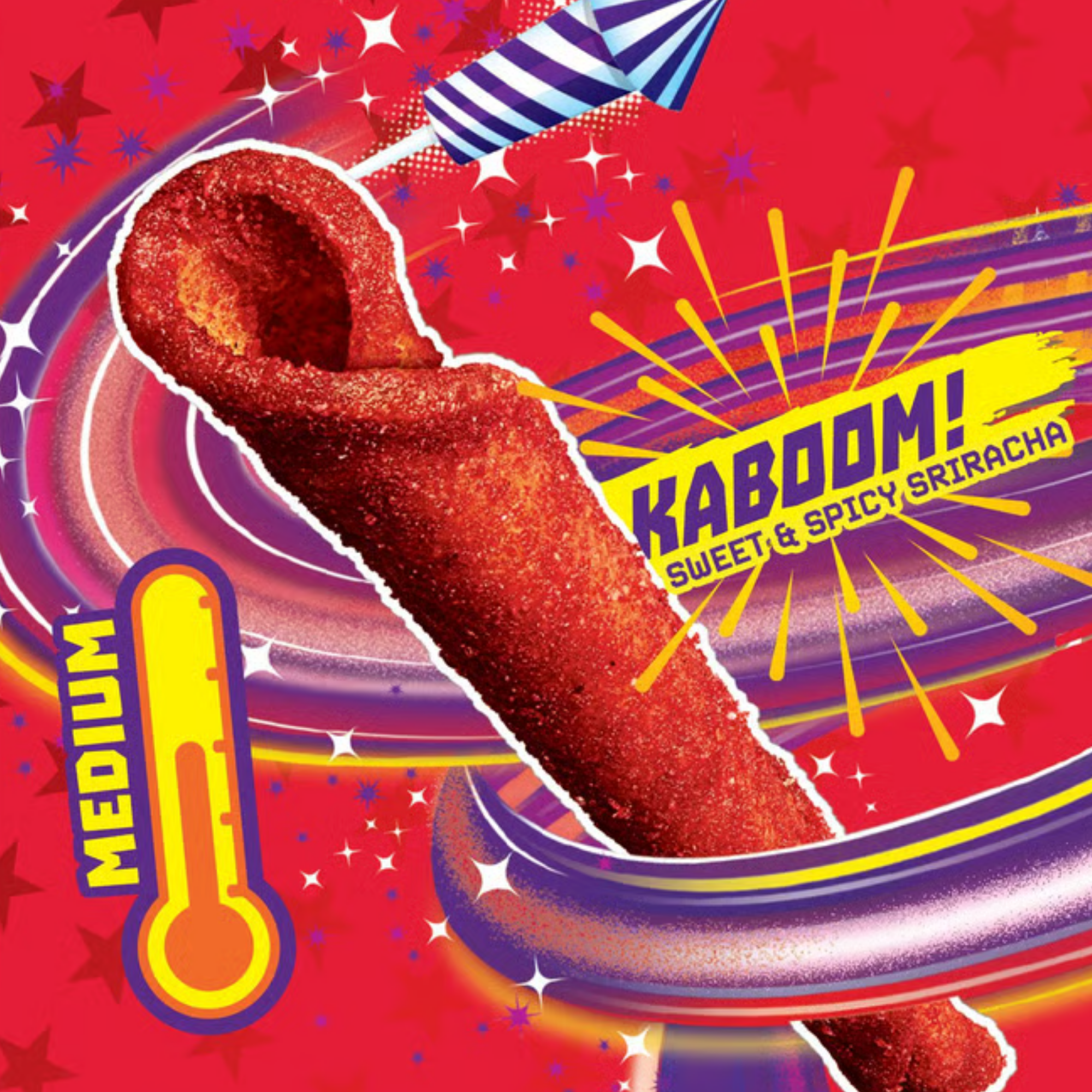Takis Kaboom product image from Mexico mentioning the sweet and spicy sriracha combo mix. Shop Mexican chips online.
