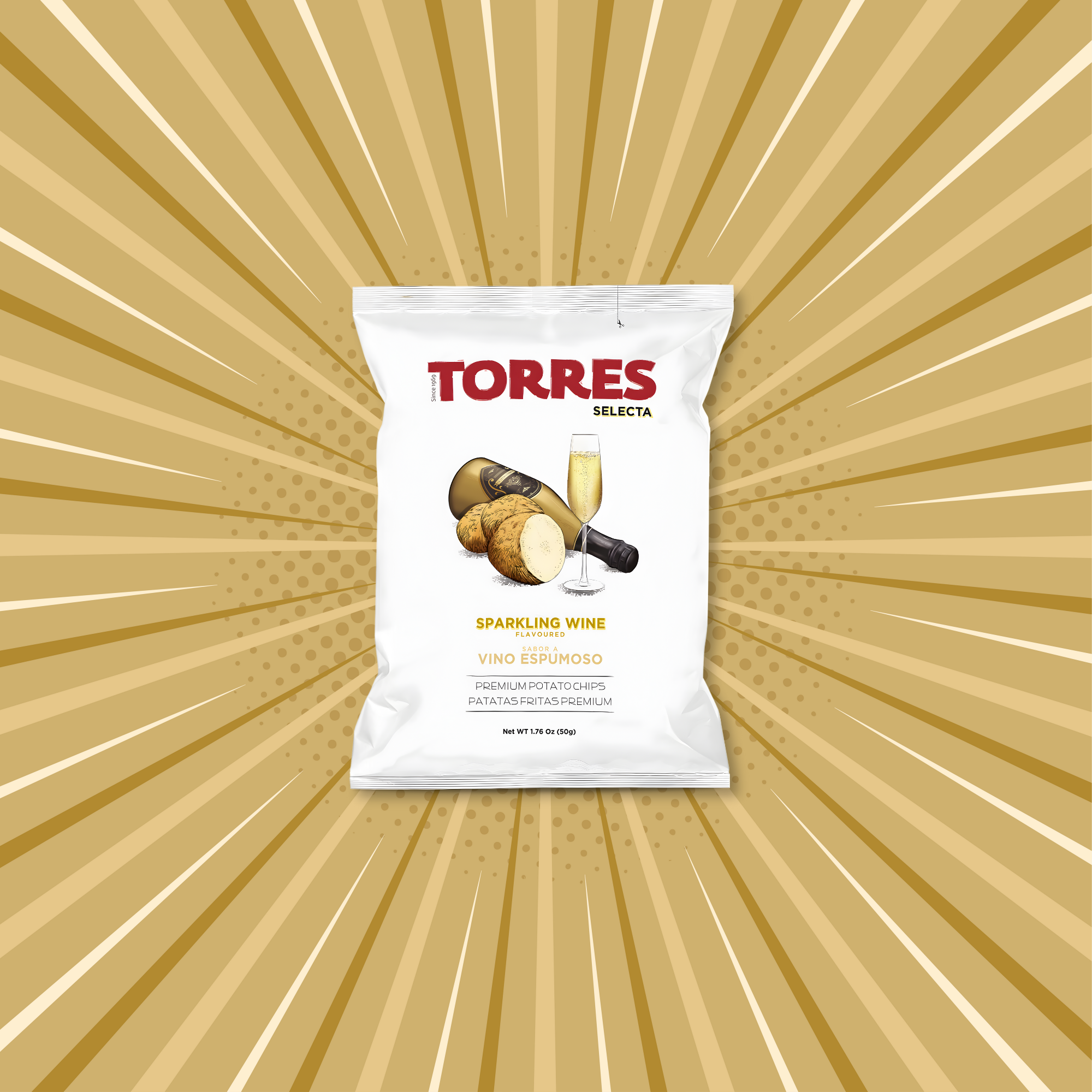 A white bag of Spanish Torres Sparkling Wine chips rests on a golden starburst background. An elegant imported potato chip you can buy online.
