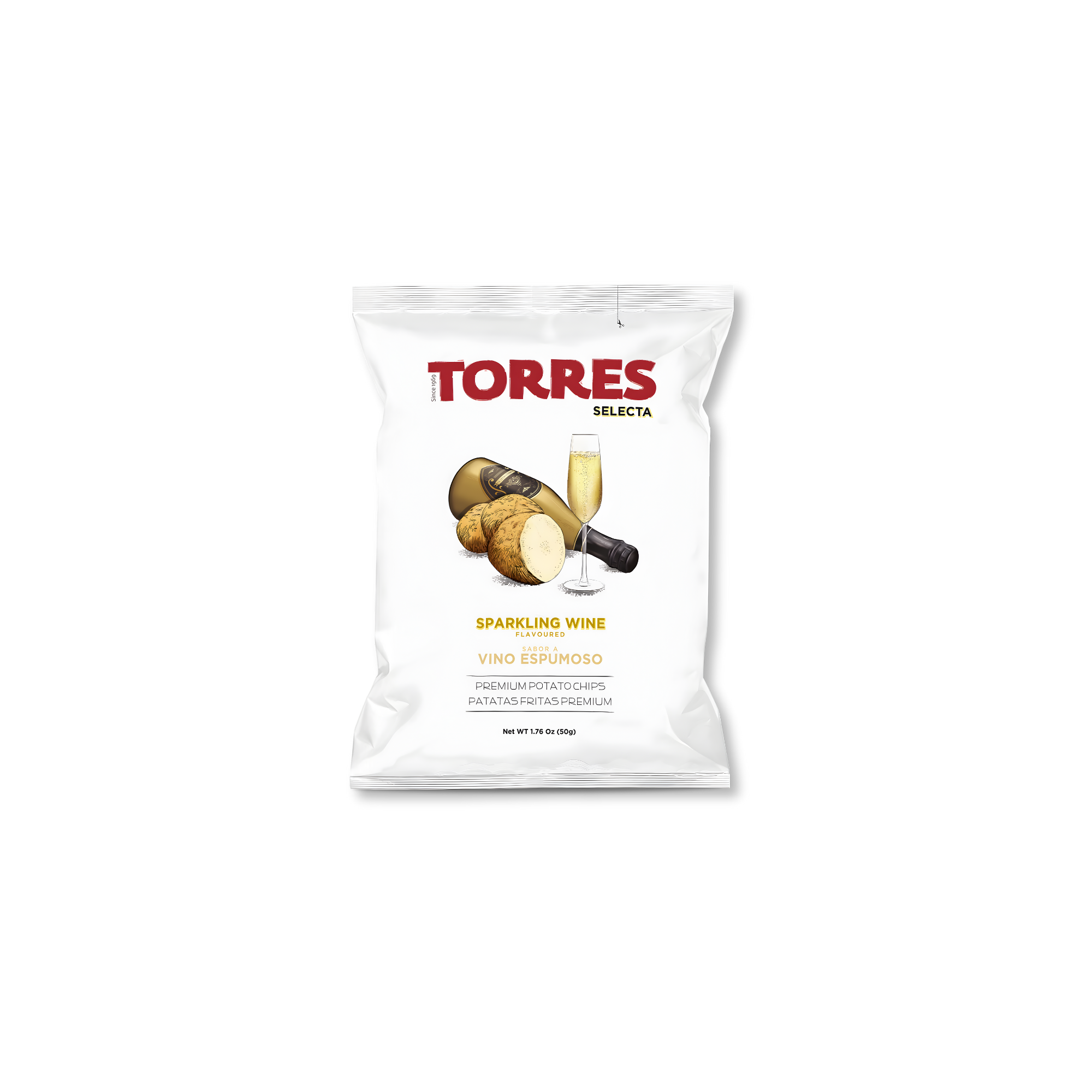 A white bag of Spanish Torres Sparkling Wine chips rests on a white background. An elegant imported potato chip you can buy online.