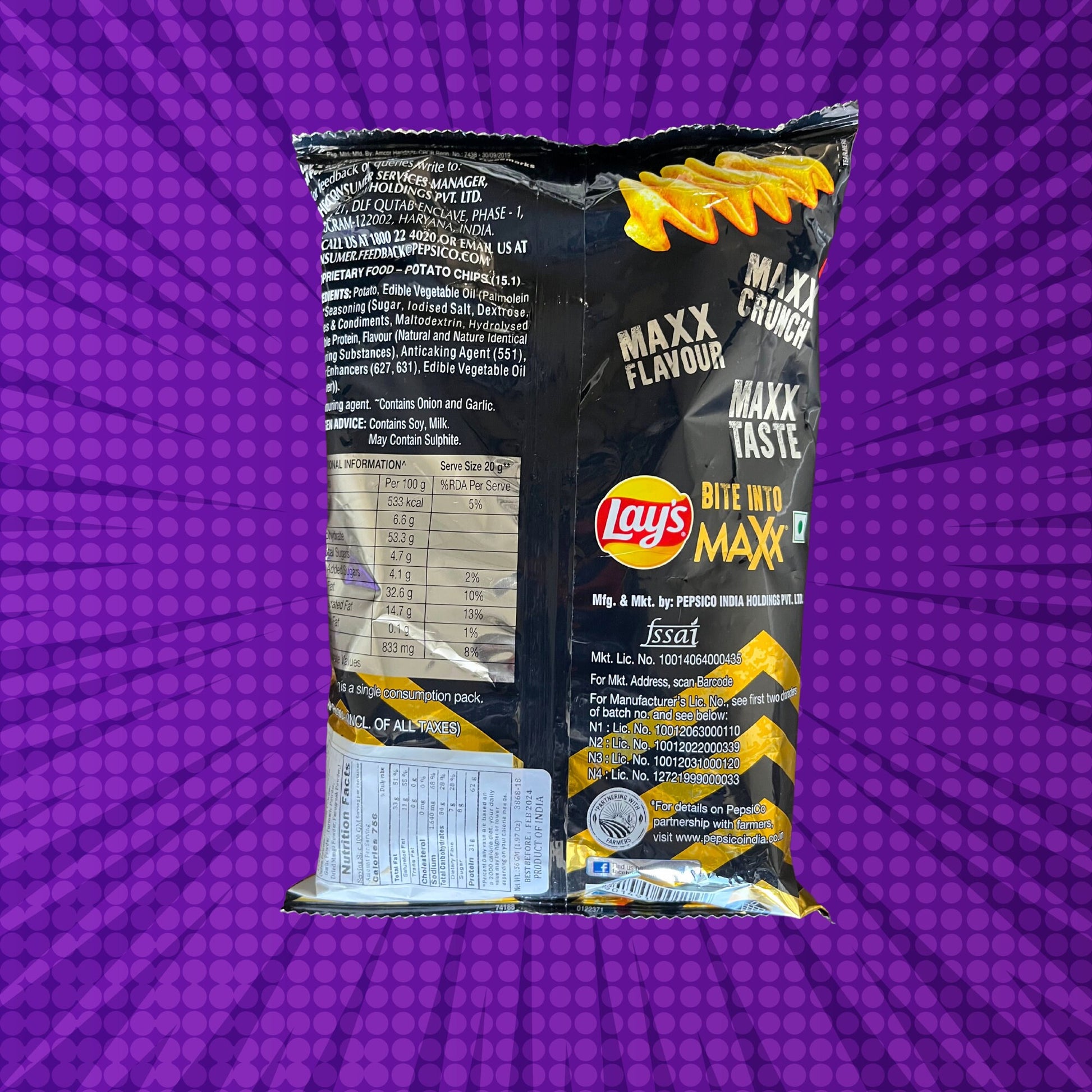 Lay's Maxx Sizzlin' BBQ Chips - Indian Lays (Back of Bag)