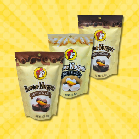 Buc-ee's Chocolate Covered Beaver Nuggets with all 3  flavors featured (milk chocolate, white fudge, and dark chocolate)