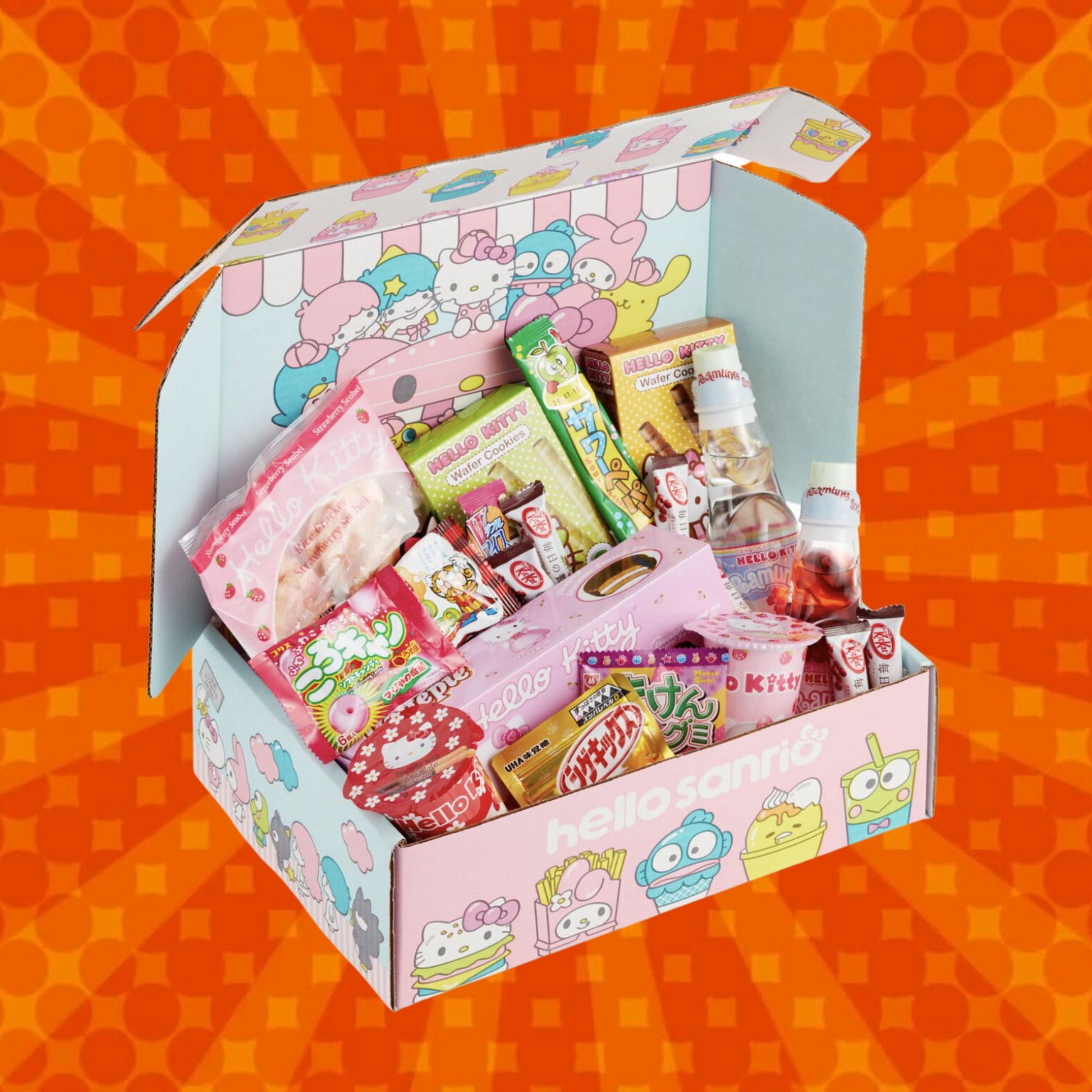 Hello Kitty Mystery Snack Box - Open Box featuring hello-kitty themed snacks, cute anime candy, and other treats.