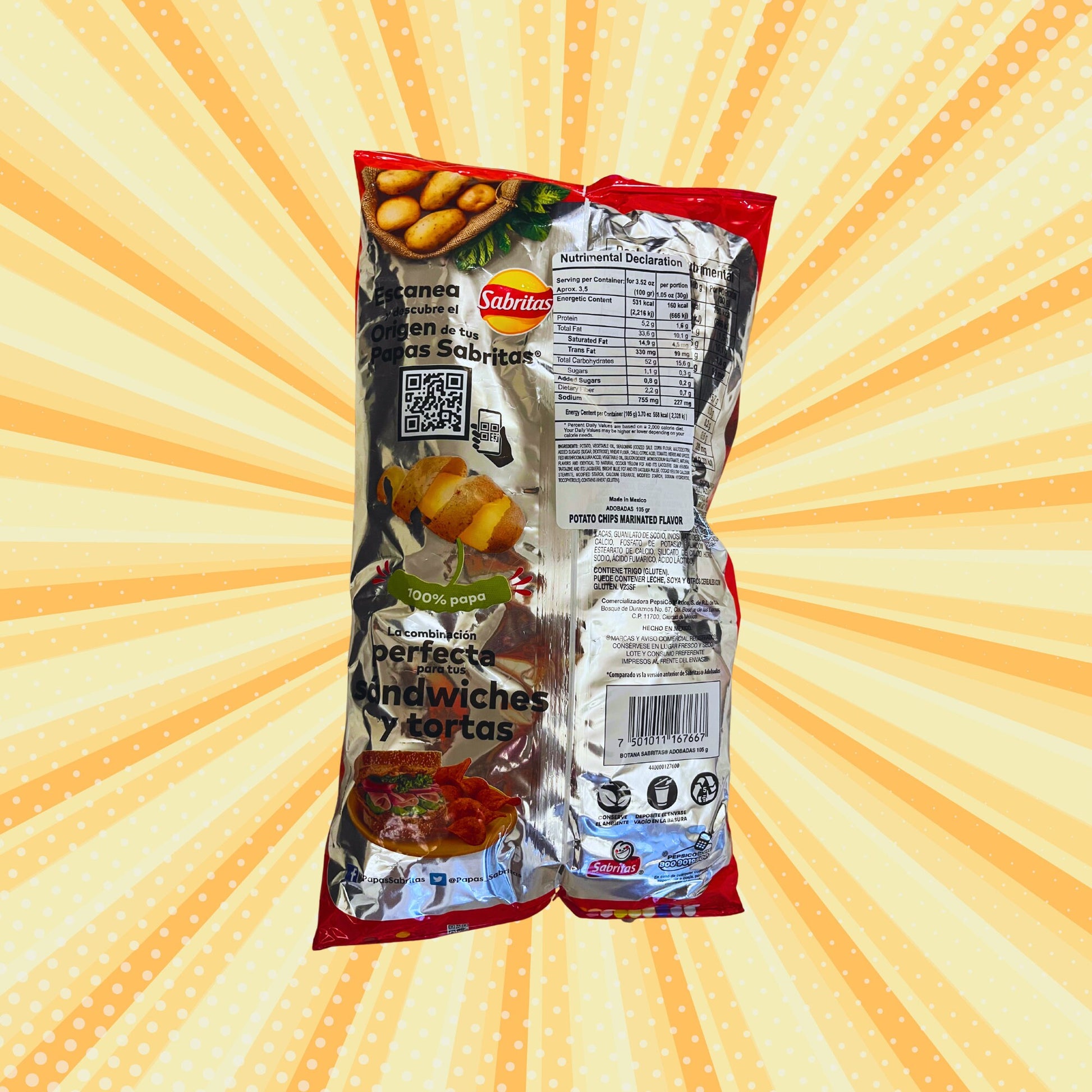 Sabritas Adobadas Flavor - Mexican Lay's Chips (Back of Bag)