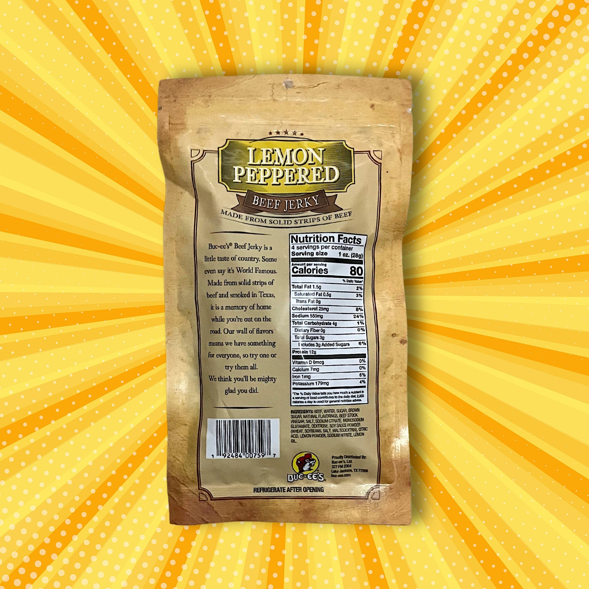 Buc-ee's Beef Jerky - Lemon Peppered Flavor (Back Of Bag with Nutrition Facts)